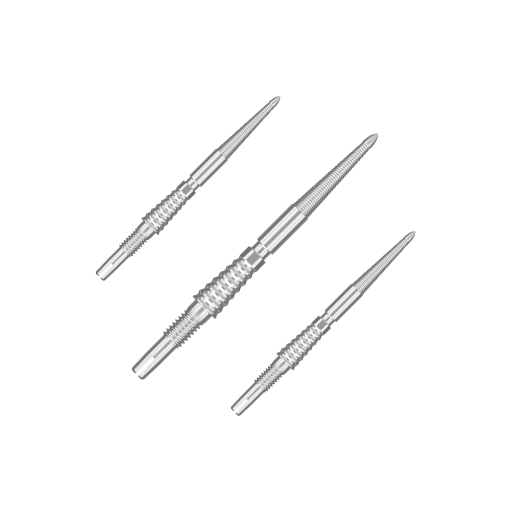 Target Swiss Storm LNC dart tips - silver Das Bild zeigt drei silberne Dartspitzen, die nebeneinander angeordnet sind. Sie haben eine geriffelte Struktur und sind aus Metall gefertigt.