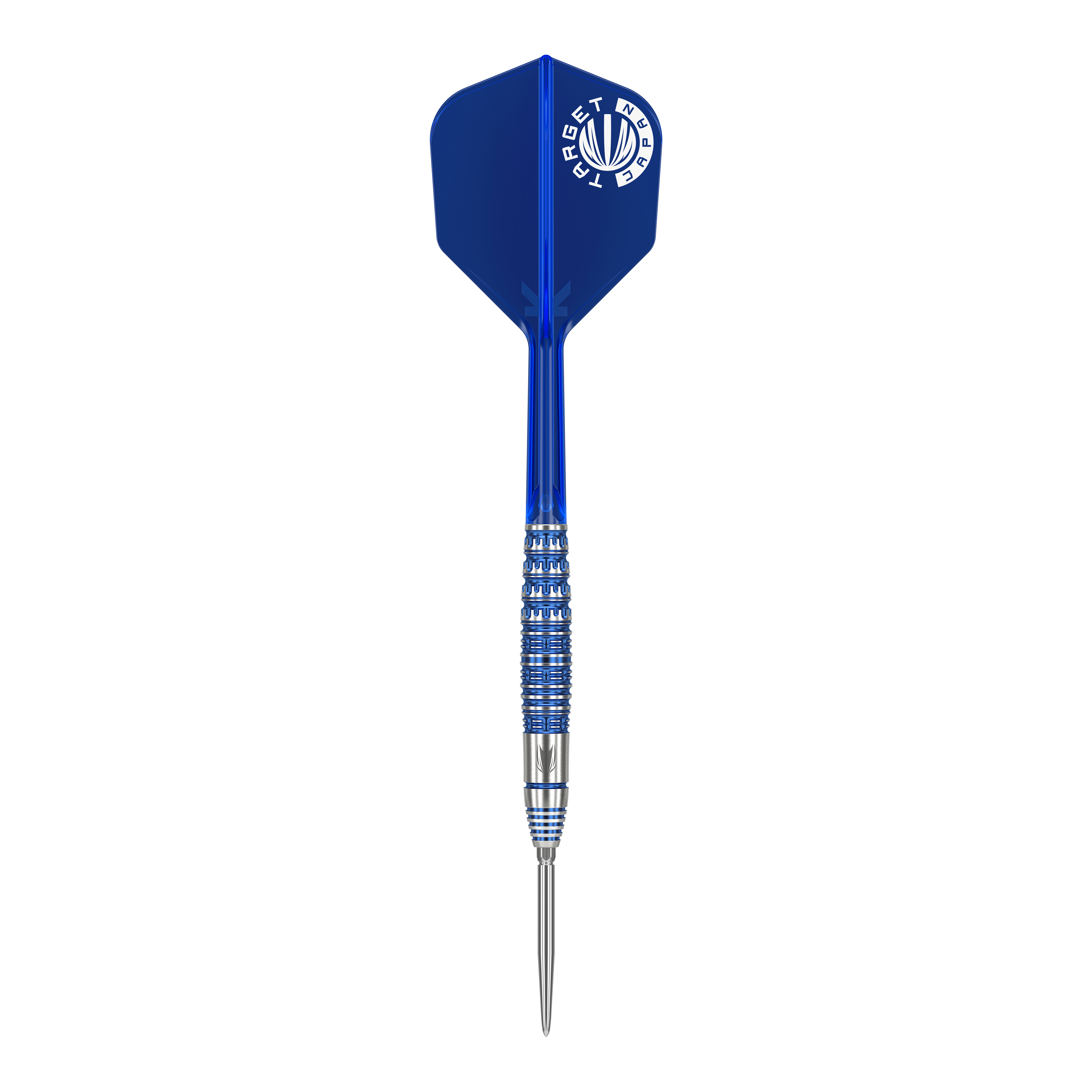 Auf dem Bild ist ein Steeldart der Marke Target Japan Toru Suzuki Sereno GEN1 Swiss Point mit 21g Gewicht zu sehen. Der Dart hat eine blaue Flight und einen silber-blauen Schaft mit feinen Rillen.