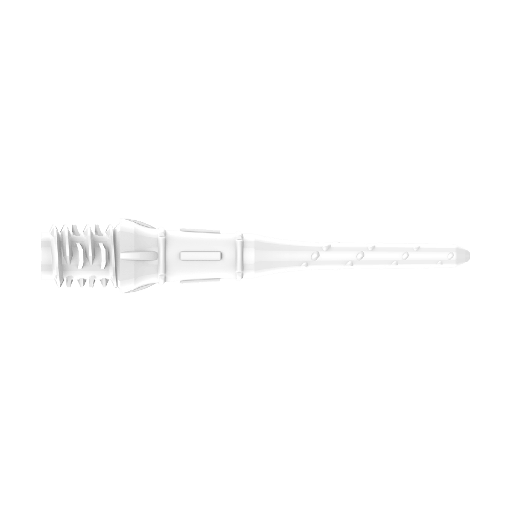 Premium Lippoints (30 Pack) - Tips Das Bild zeigt eine weiße Dartspitze mit feinen Rillen und Details. Sie ist lang und besteht aus Kunststoff.