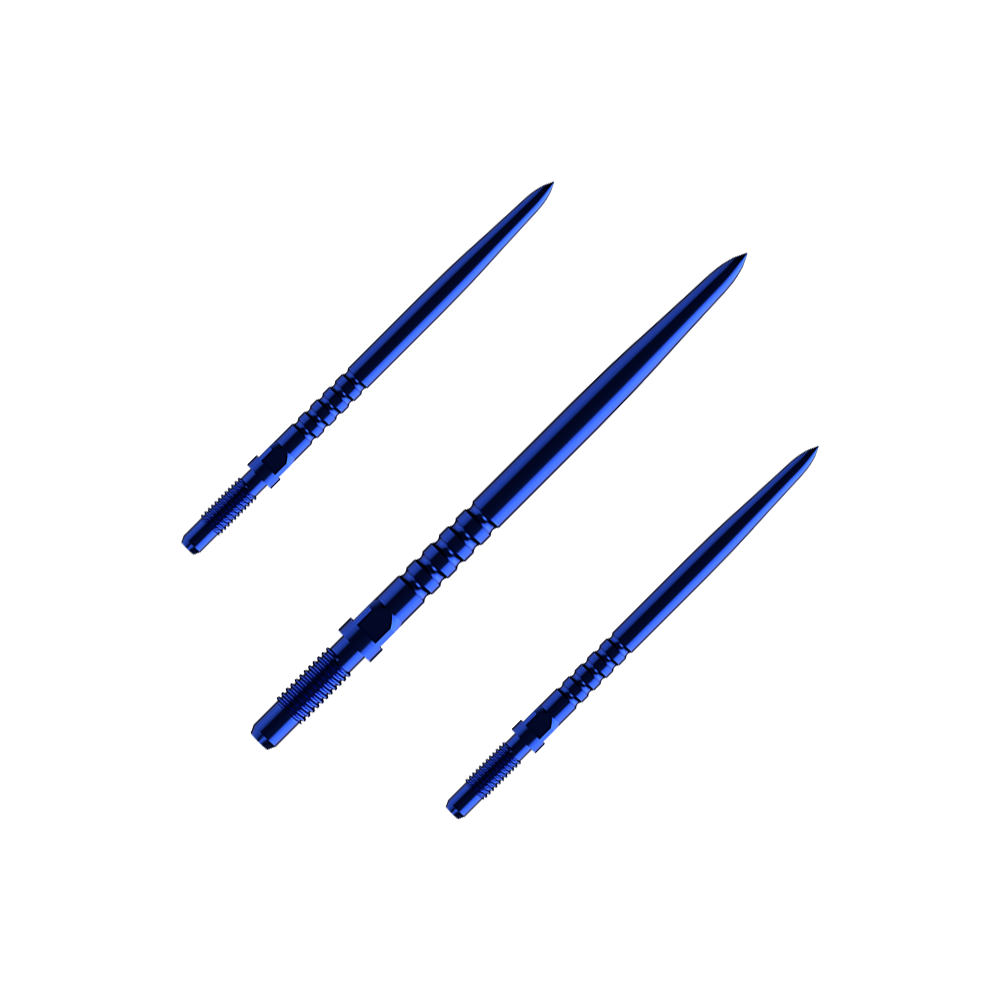 Hier sieht man ein Set aus mehreren RingedGrip Convertible Points in Blau, 32mm lang. Es sind Ersatzspitzen für Dartpfeile.
