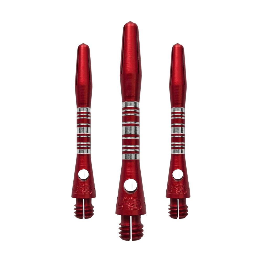Bulls NL Supra Aluminum Shafts - Red - 34 mm Dieses Bild zeigt die Bulls NL Supra Aluminium Shafts in Rot, 34 mm lang, als Set. Die Schäfte sind robust und ideal für Dartspieler.