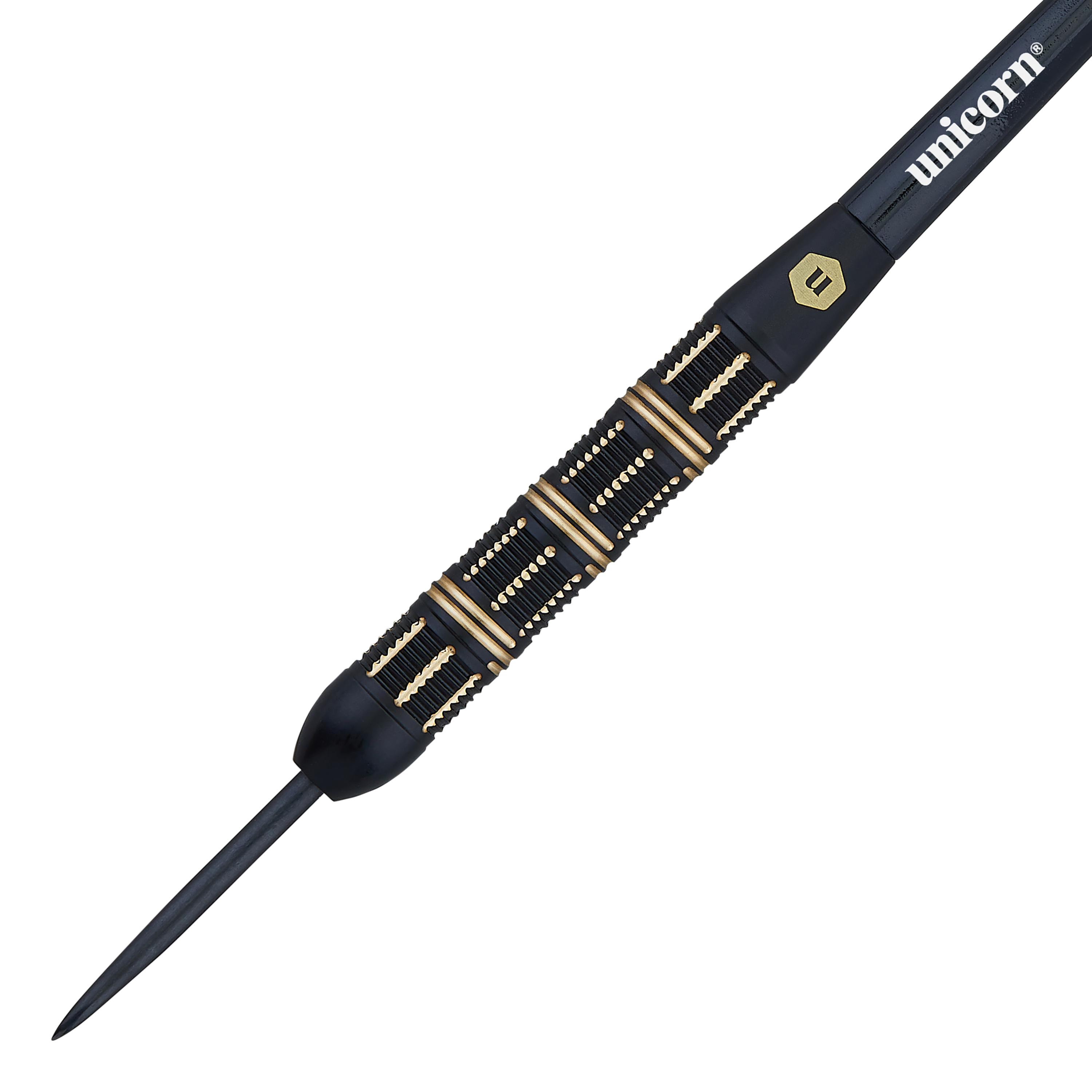 Unicorn Top Brass V3 Steeldarts - 21g Das Bild zeigt einen schwarzen Steeldartpfeil mit goldenen Akzenten und der Aufschrift „unicorn“. Es handelt sich um das Modell „Unicorn Top Brass V3 Steeldarts - 21g“.