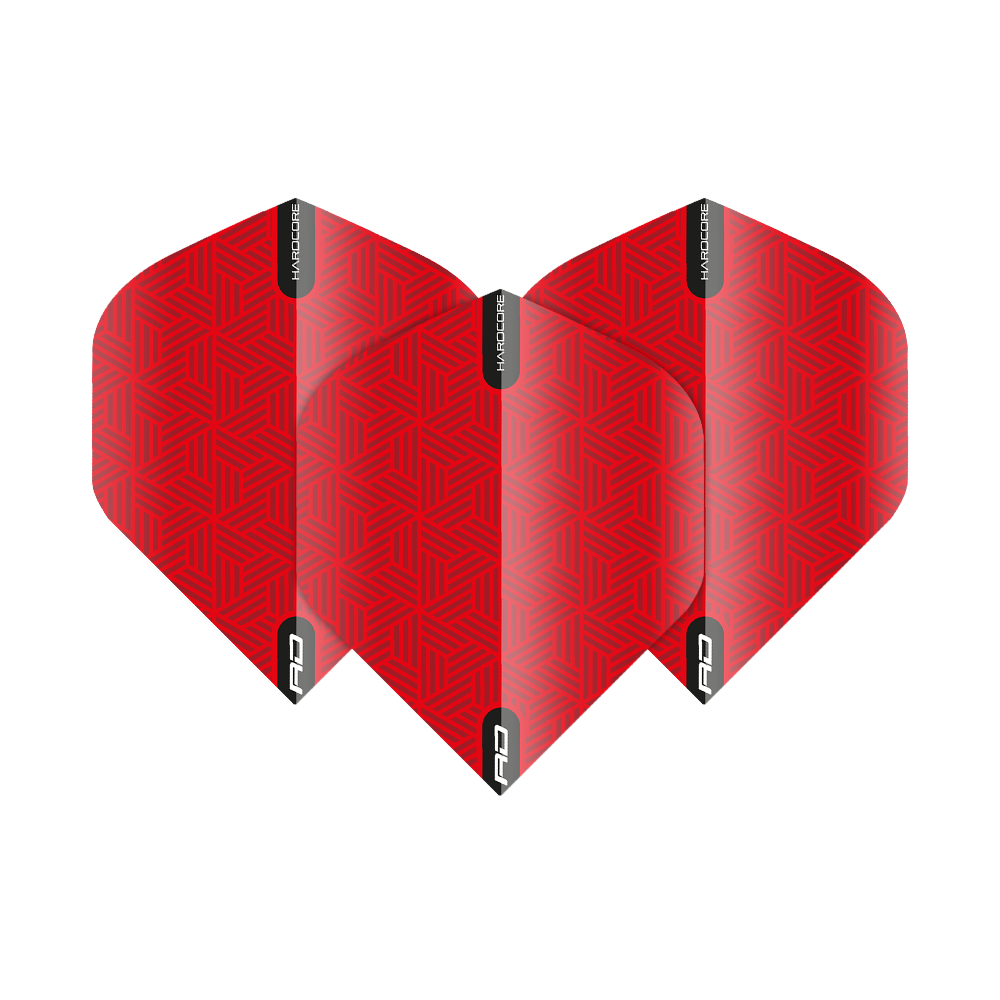 TF6425_Red_Dragon_Hardcore_Red_Standard_Flights_1FAApmgRxBM6T8 Das Bild zeigt die "Red Dragon Hardcore Red Standard Flights". Die Flights sind rot mit einem geometrischen Muster und schwarzen Markierungen.