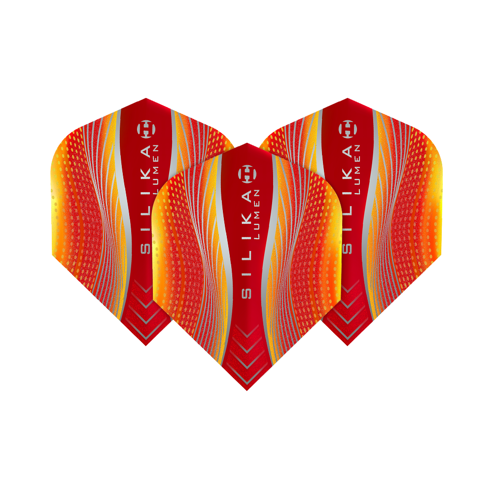 HF5128_Harrows_Silika_Lumen_Yellow_Red_No6_Flights_1f6D1Psz47VQnS Das Bild zeigt drei Harrows Silika Lumen Yellow Red No6 Flights für Darts. Die Flights sind in Rot- und Gelbtönen mit modernen Mustern und dem Silika Lumen Schriftzug gestaltet.