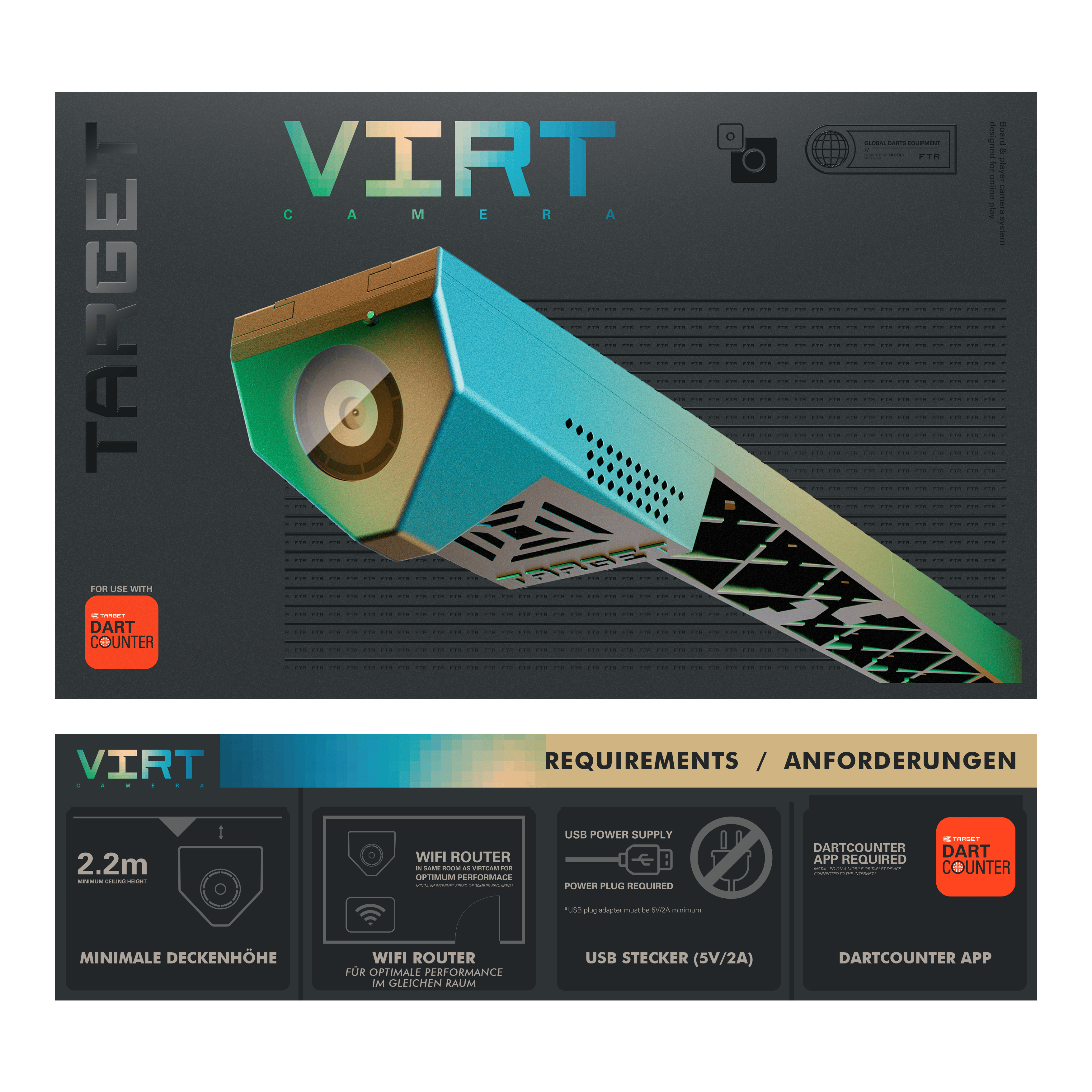Target VIRT Camera Das Bild zeigt die Produktverpackung der "Target VIRT Kamera", die in einer modernen, grafischen Gestaltung präsentiert wird. Unten sind die Anforderungen aufgeführt, wie eine Mindestdeckenhöhe von 2,2 m, WLAN-Router, USB-Stecker und die DartCounter App.