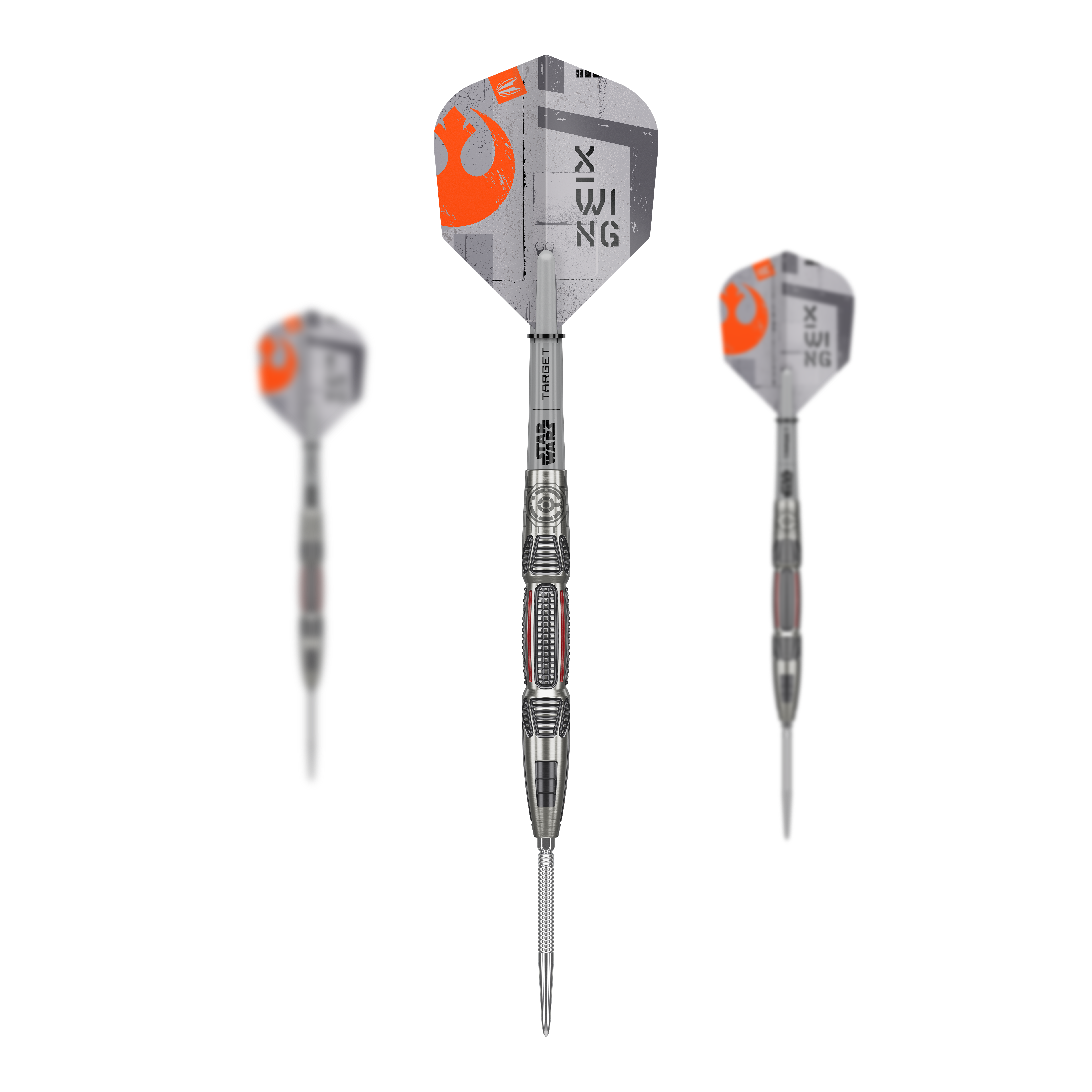 Target Star Wars X-Wing Swiss Point Steel Darts Auf dem Bild ist ein Set der Target Star Wars X-Wing Swiss Point Steeldarts zu sehen. Die Darts zeichnen sich durch ein besonderes Star Wars Design aus.
