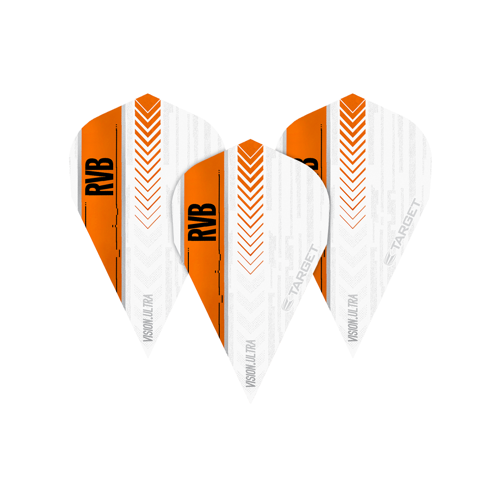 TG59_332040_Target_Vision_Ultra_RvB_Orange_Vapor_Flights_1l8L5tT6tbNJVz Das Bild zeigt drei Target Vision Ultra RvB Orange Vapor Flights. Die Flights sind überwiegend weiß mit einem orangefarbenen Streifen und der Aufschrift "RVB".