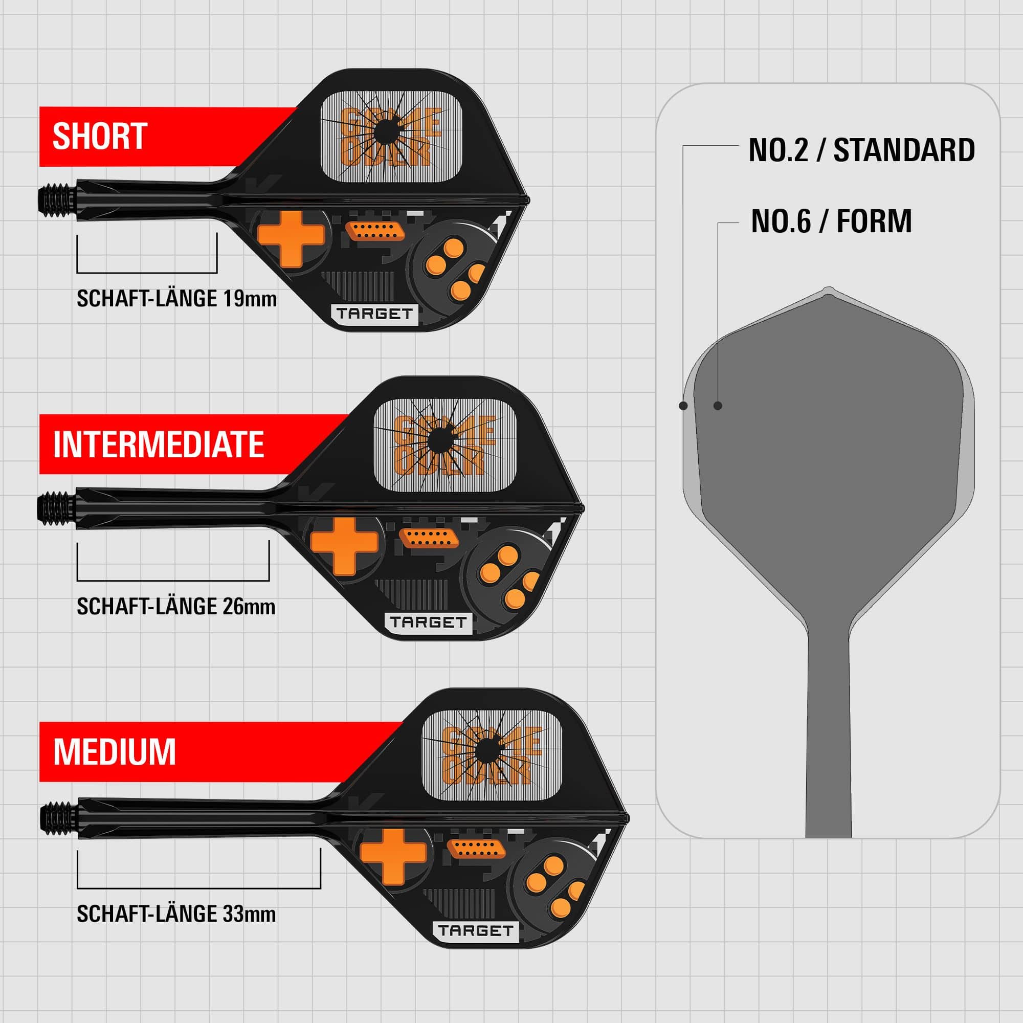 Abgebildet sind die Target K-Flex Game Over No2 Standard Flights. Diese Flights eignen sich für Dartspieler.