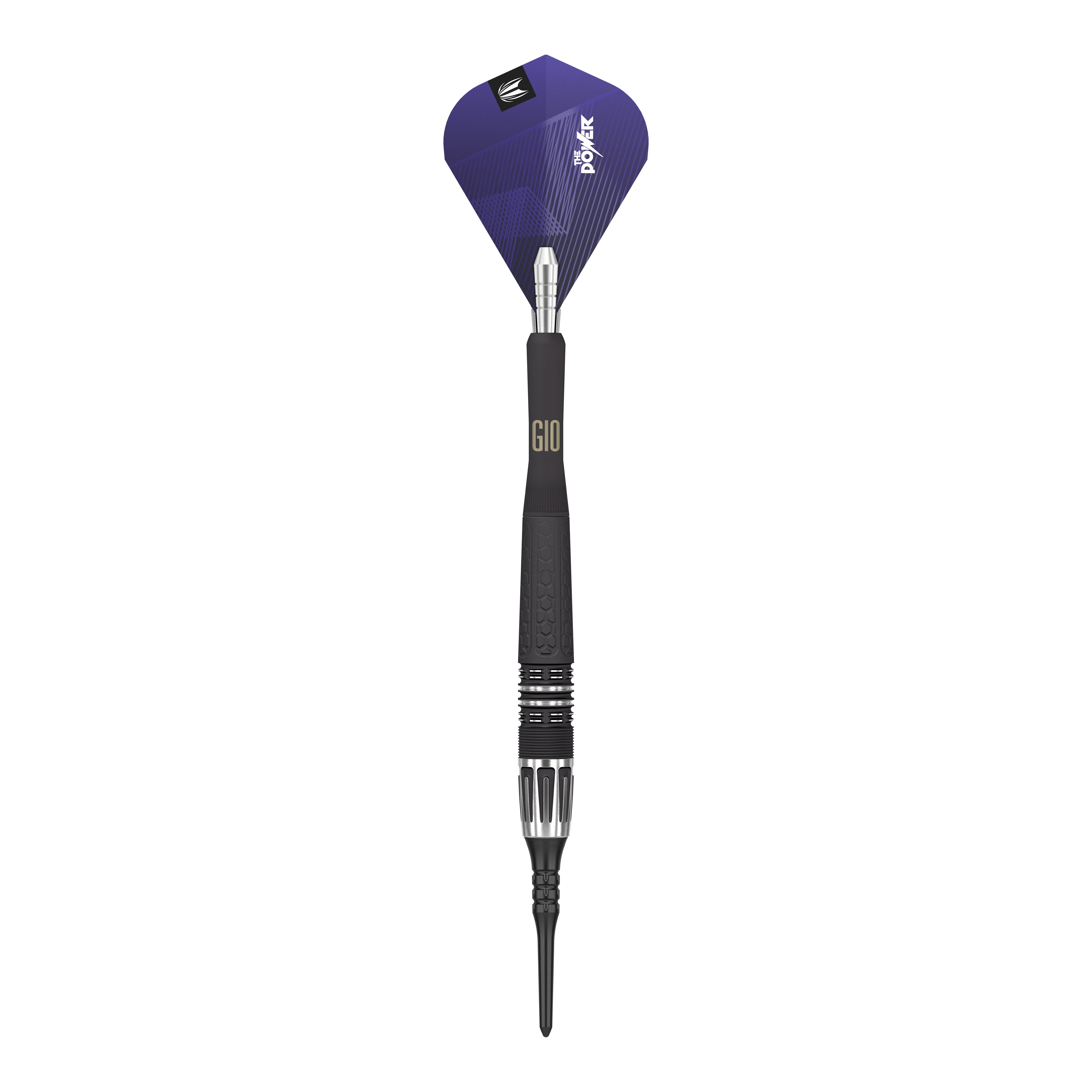 Target Phil Taylor Power 9Five GEN10 soft darts Das Bild zeigt einen modernen Softdartpfeil mit einem schwarzen und silbernen Schaft. Die Dartflügel sind lila und tragen die Aufschrift "Power".