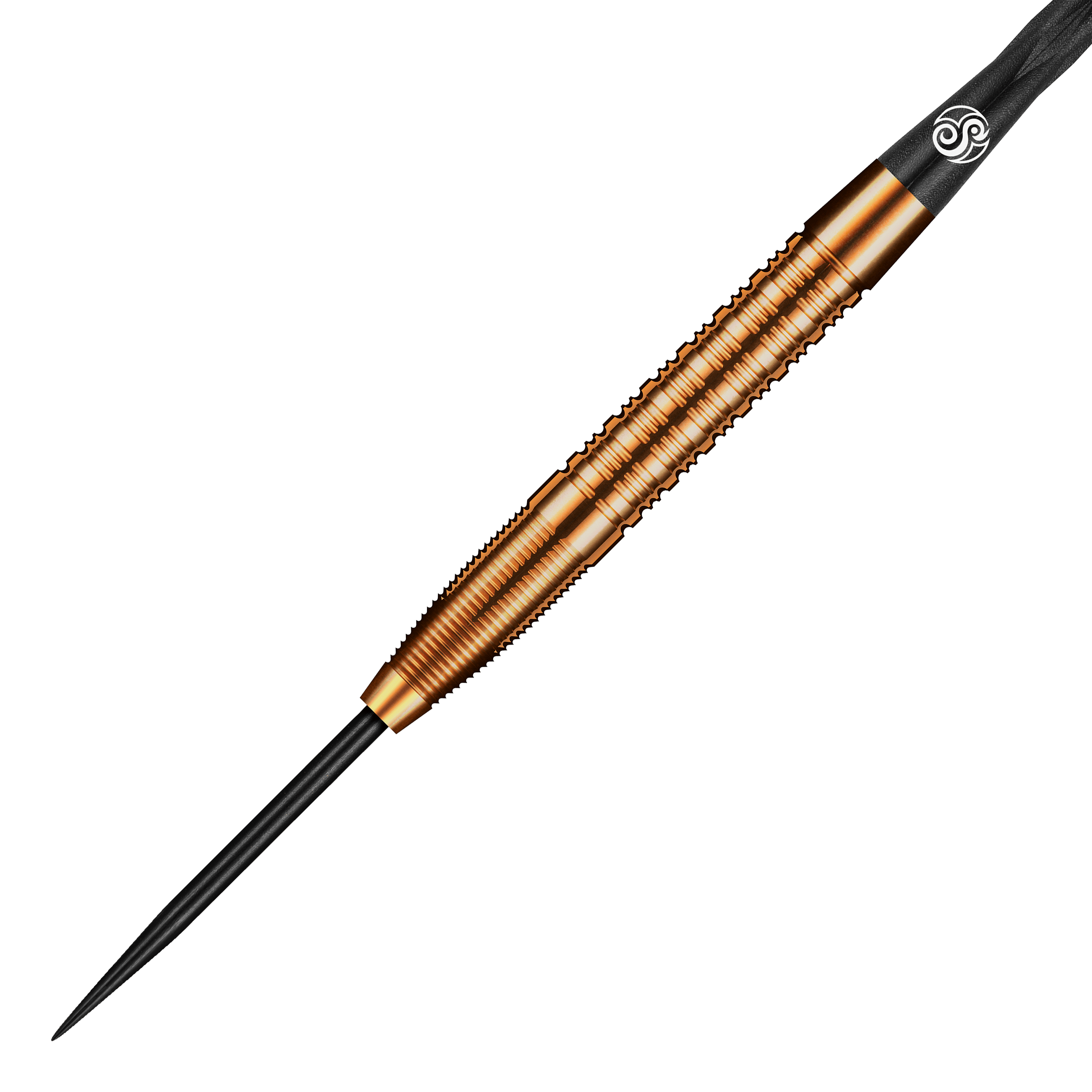 Shot Pro Series Jake Womack Steel Darts - 23g Das Bild zeigt einen Shot Pro Series Jake Womack Steeldart mit einem Gewicht von 23g. Der Dartpfeil hat ein auffälliges, bronzefarbenes Design mit feinen Rillen am Griff.