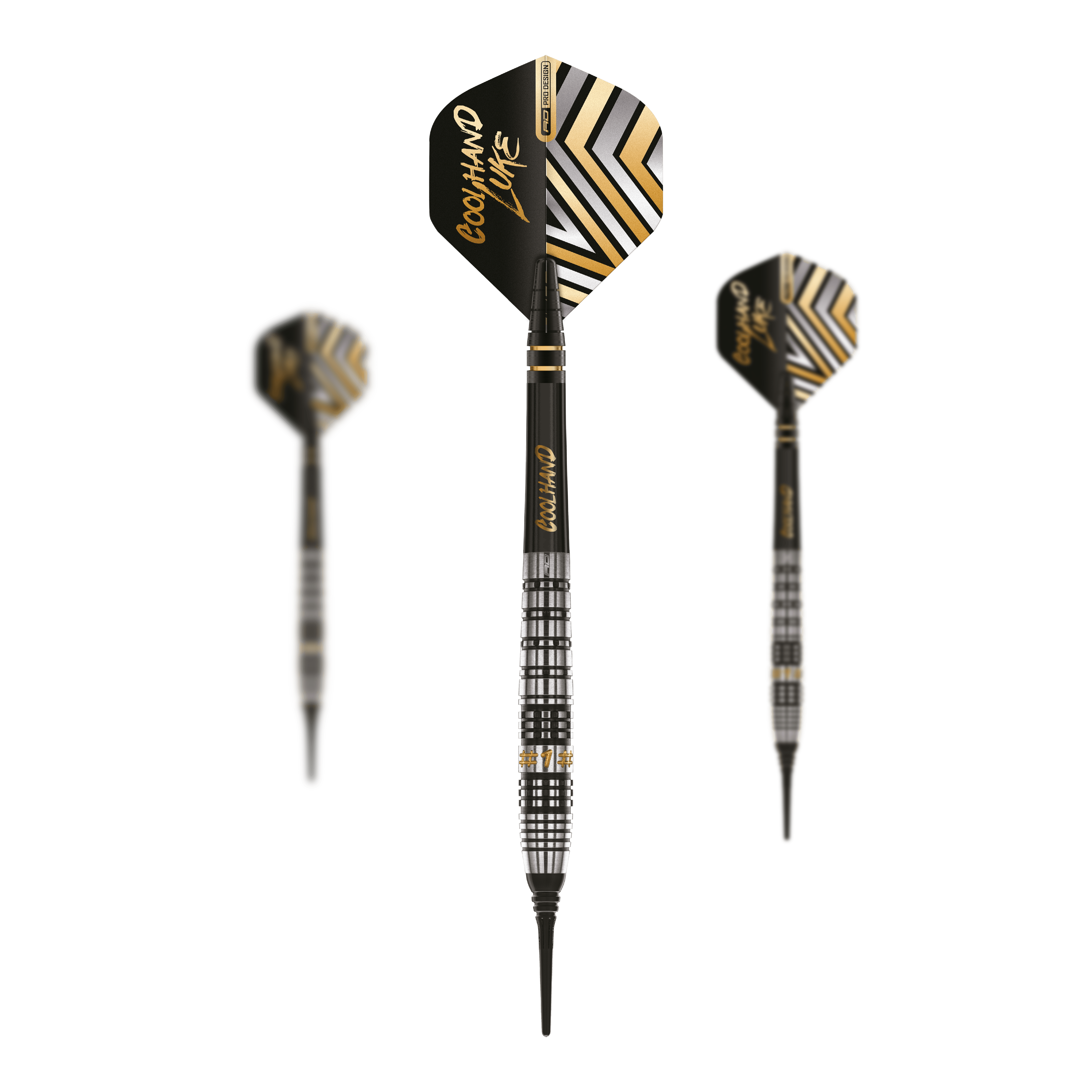 Red Dragon Luke Humphries Prestige Soft Darts - 20g Das Bild zeigt drei Softdarts des Modells „Red Dragon Luke Humphries Prestige“ mit 20g Gewicht. Die Darts haben ein schwarzes und silbernes Design mit goldfarbenen Akzenten und der Aufschrift „Coolhand Luke“.