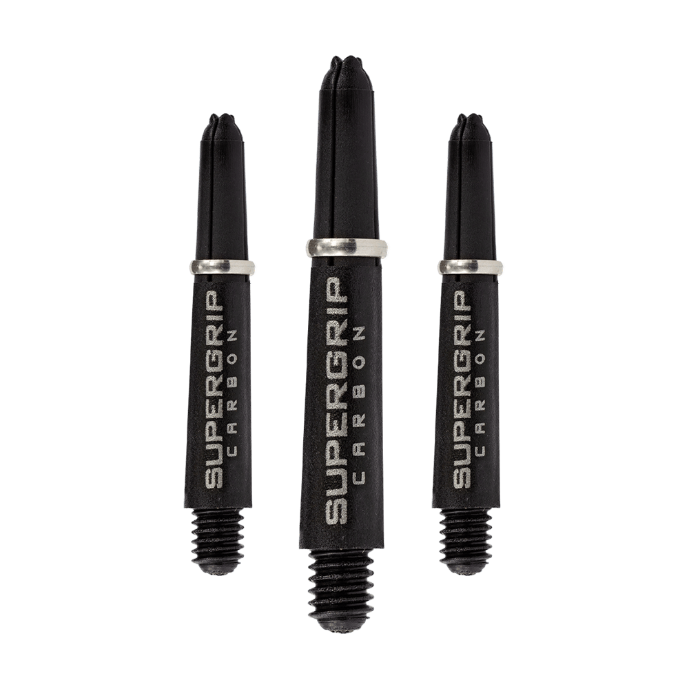 HR354_Harrows_Supergrip_Carbon_Shafts_Silber_33mm_1yympC4OYgBFdZ Das Bild zeigt drei Harrows Supergrip Carbon Shafts in Silber. Die Dartschäfte sind aus robustem Carbon gefertigt und haben ein modernes Design.