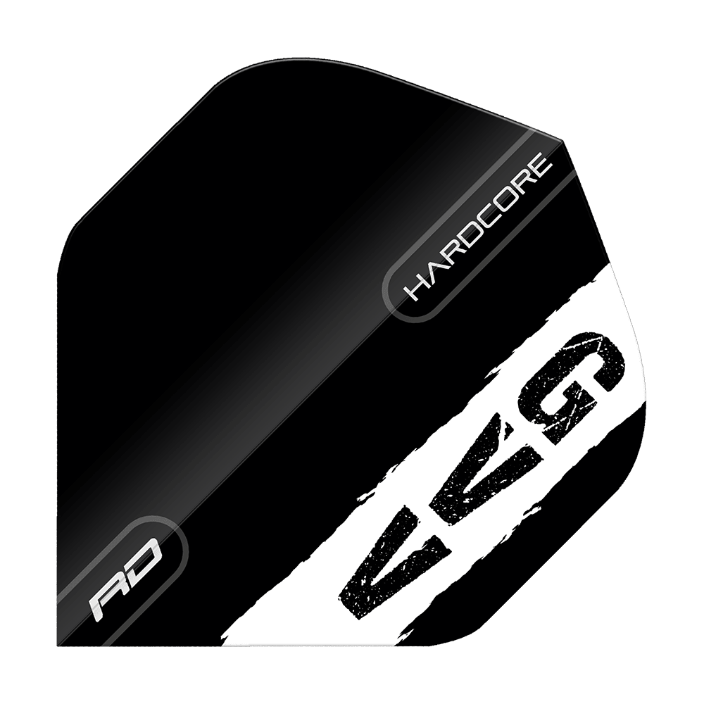 Red Dragon Hardcore Gian Van Veen Black Logo Standard Flights Das Bild zeigt ein schwarzes Dart-Flight mit weißen und grauen Akzenten. Auf dem Flight stehen die Wörter "HARDCORE", "RD" und die Buchstaben "GVG".