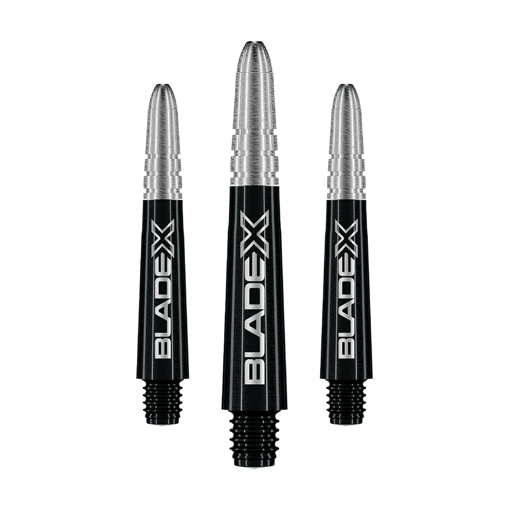 Winmau Vecta Blade X Shafts - Black Gezeigt wird ein Set schwarzer Dartshafts mit der Bezeichnung Winmau Vecta Blade X, 34 mm. Das Set ist für Dartspieler geeignet.