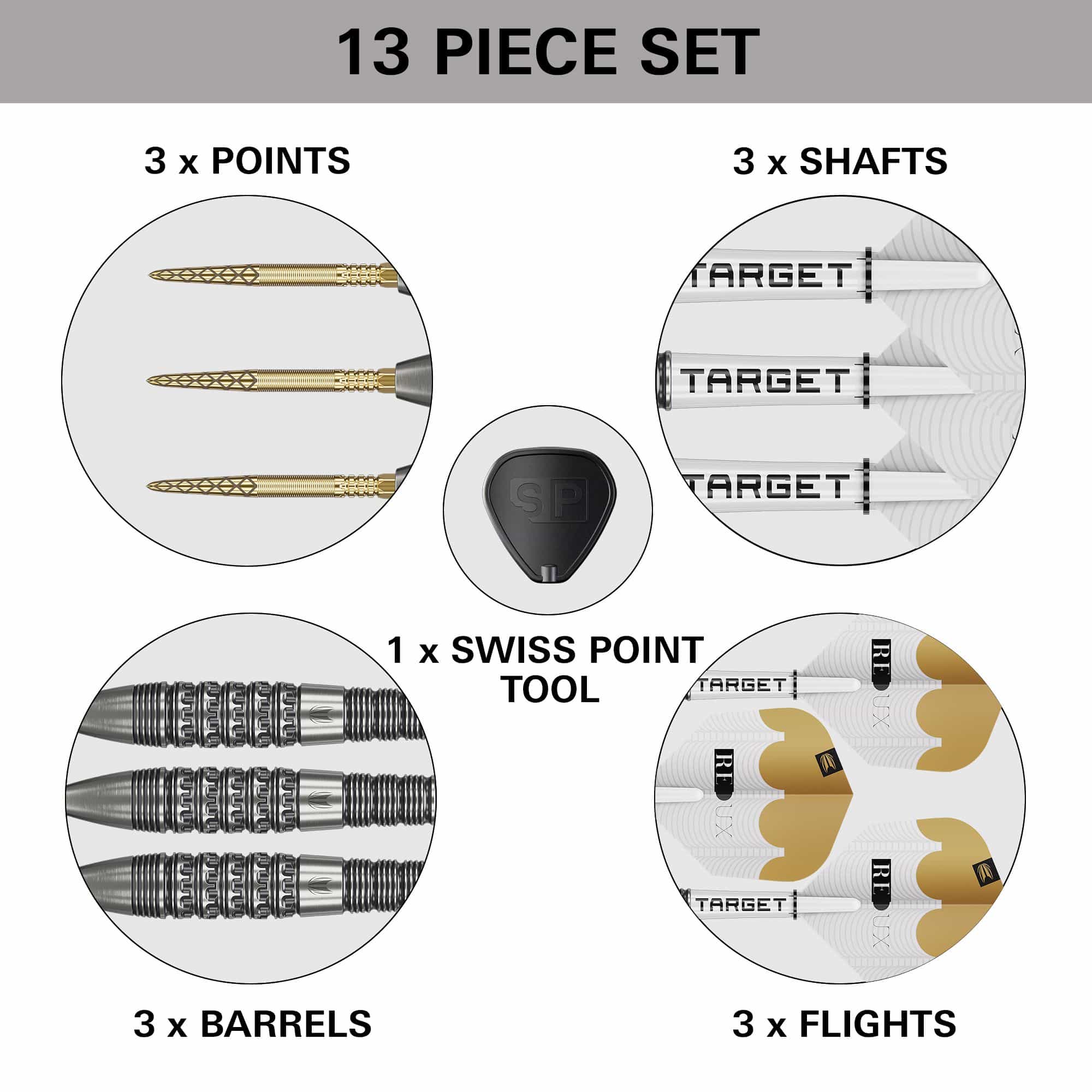 Zu sehen sind die Target Redux 02 Swiss Point Steeldarts. Diese Darts sind ideal für ambitionierte Dartspieler.
