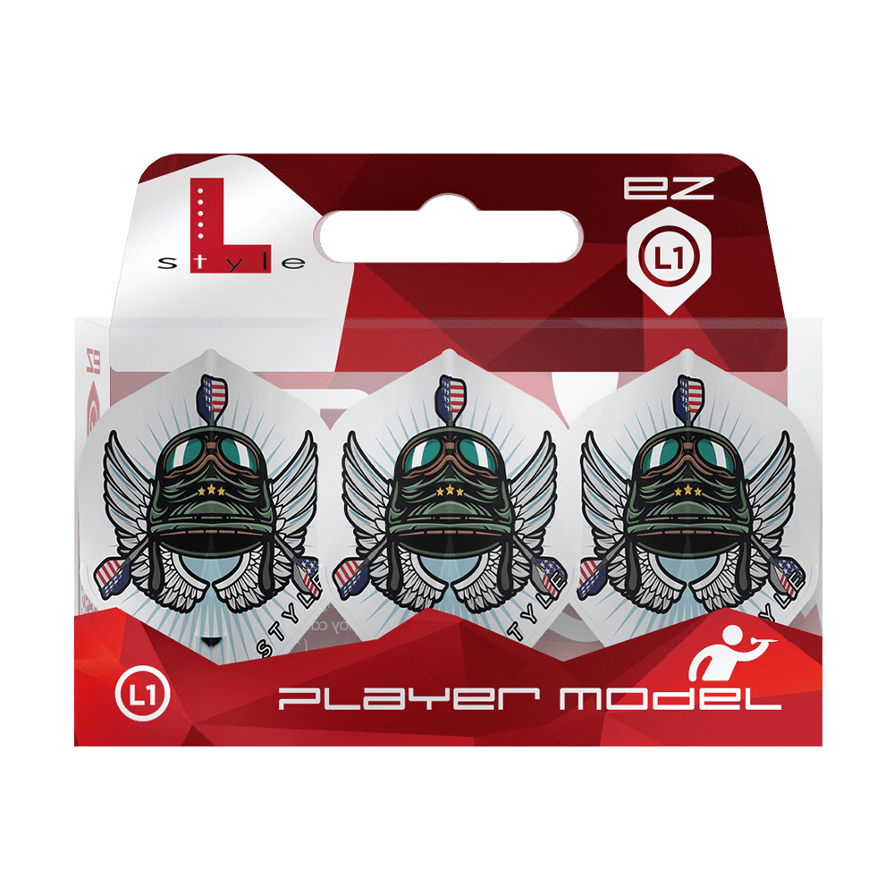 L-Style_Leonard_Gates_V3_White_L1EZ_Flights_3 Das Bild zeigt die L-Style Leonard Gates V3 White L1EZ Flights in einer Verpackung. Die Flights haben ein auffälliges Design mit einem geflügelten Helm und bunten Details.