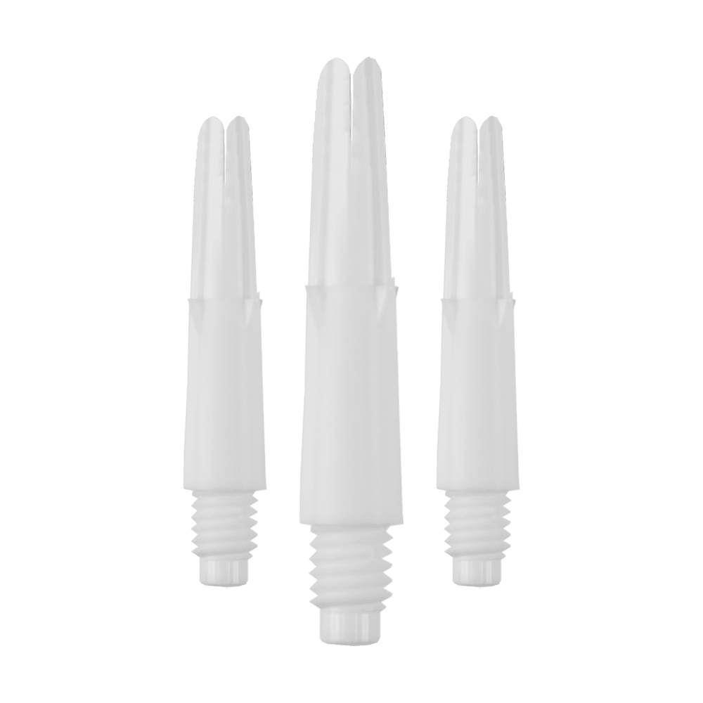 L-L-Style-Shafts Locked Straight - White Das Bild zeigt drei gerade, weiße Dartschäfte mit Gewinde. Sie sind ohne Kappen und in unterschiedlichen Längen angeordnet.