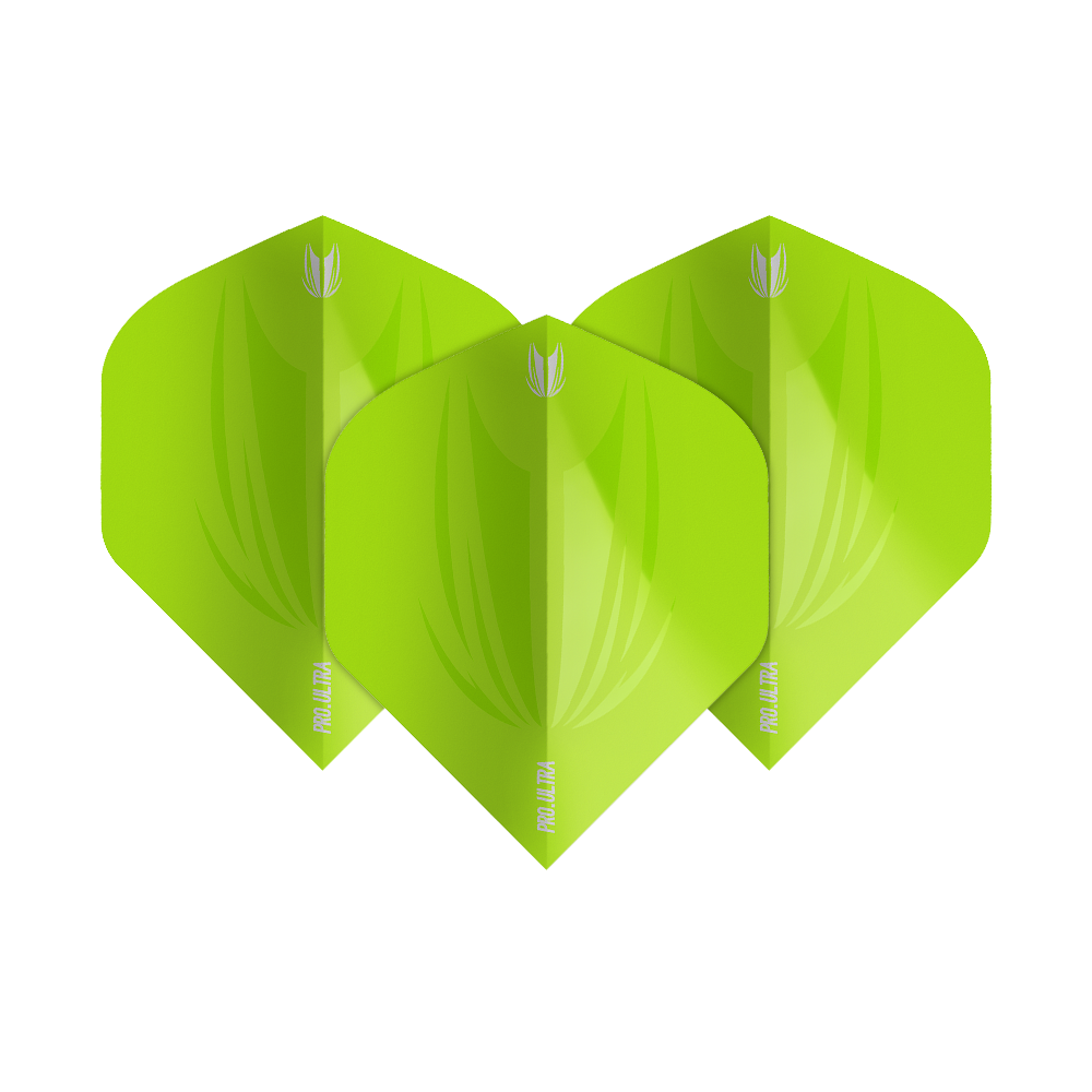 Das Bild zeigt drei limegrüne Standard-Flights für Dartpfeile. Die Flights tragen die Aufschrift "ProUltra ID" und haben ein modernes, glänzendes Design.