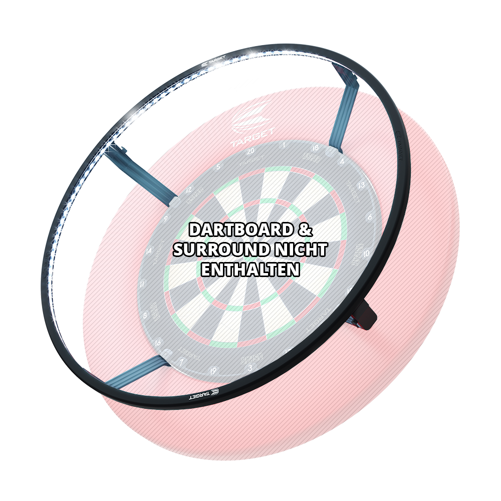 Target CORONA Vision LED Dartboard Lighting System Das Bild zeigt das Produkt "Target CORONA Vision LED Dartboard Lighting System", das als Beleuchtungssystem für eine Dartscheibe dient. Auf dem Bild steht außerdem der Hinweis: "Dartboard & Surround nicht enthalten."