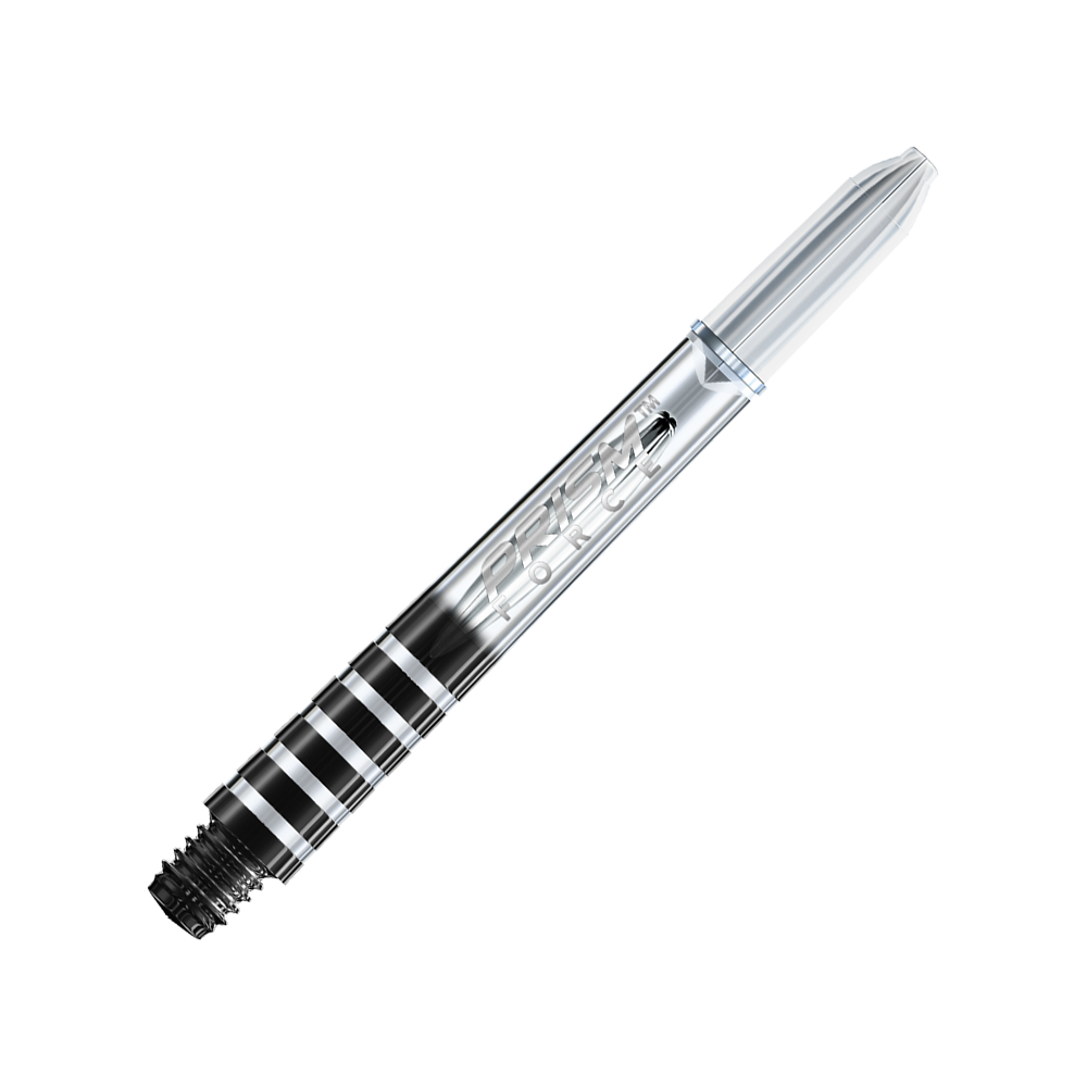 7020-406_Winmau_Prism_Force_Shafts_Clear_41mm_2 Das Bild zeigt einen klaren Winmau Prism Force Shaft für Darts. Der Schaft hat ein transparentes Design mit eingraviertem Schriftzug.