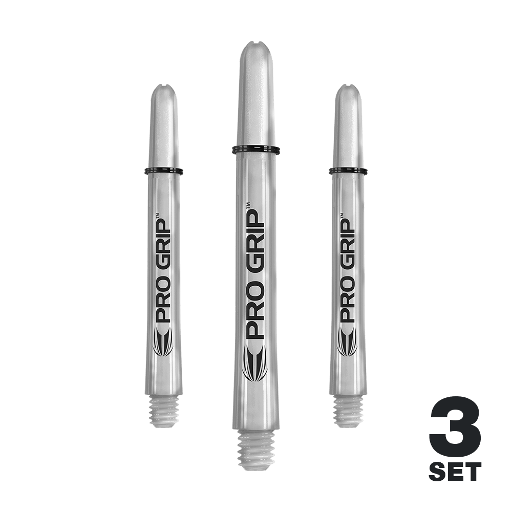 Target Pro Grip Shafts - 3 Sets - Transparent Das Bild zeigt drei transparente "Pro Grip" Shafts für Dartpfeile. In der rechten unteren Ecke steht "3 Set".