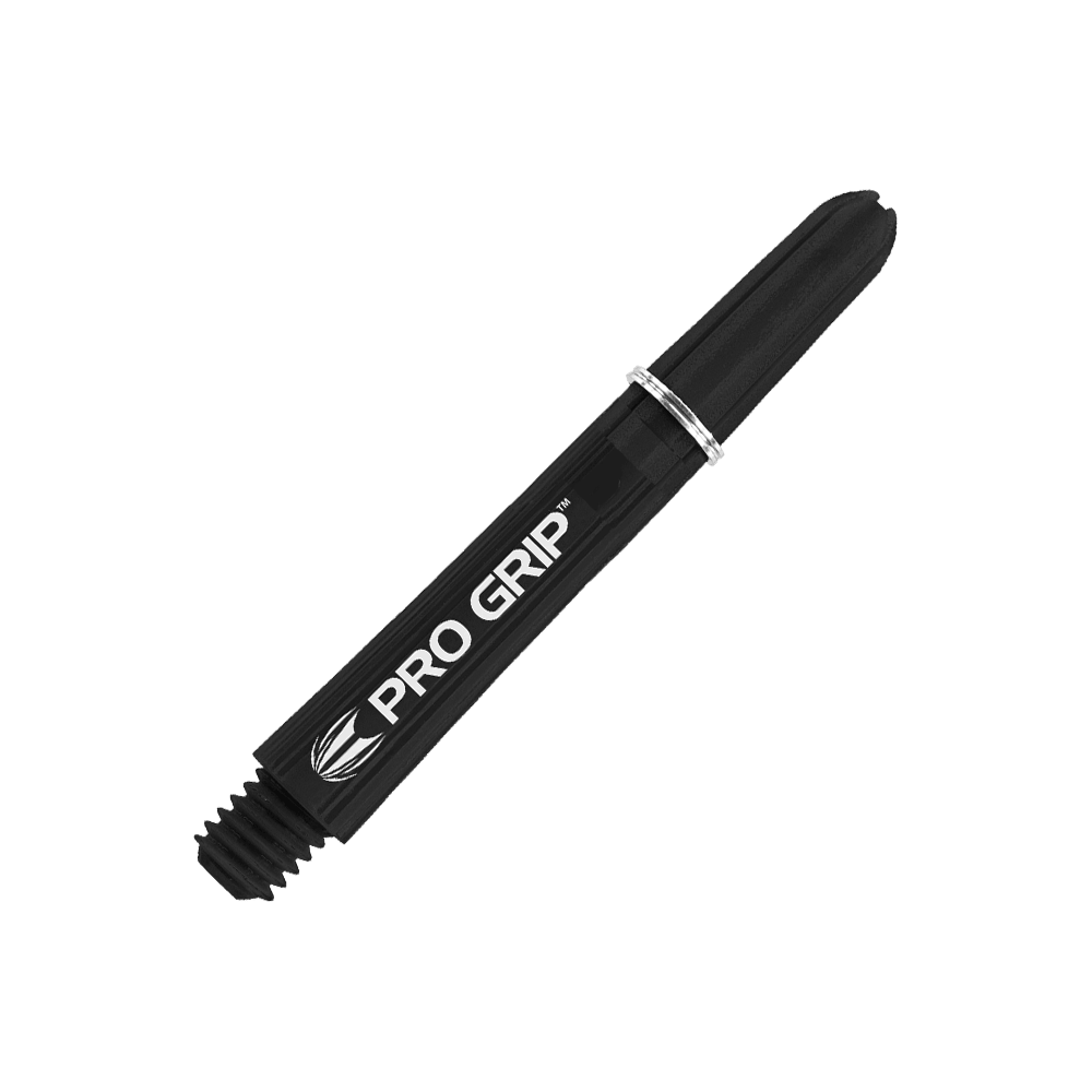 Das Bild zeigt einen schwarzen Target Pro Grip Schaft für Dartpfeile. Auf dem Schaft steht in weißer Schrift "PRO GRIP".