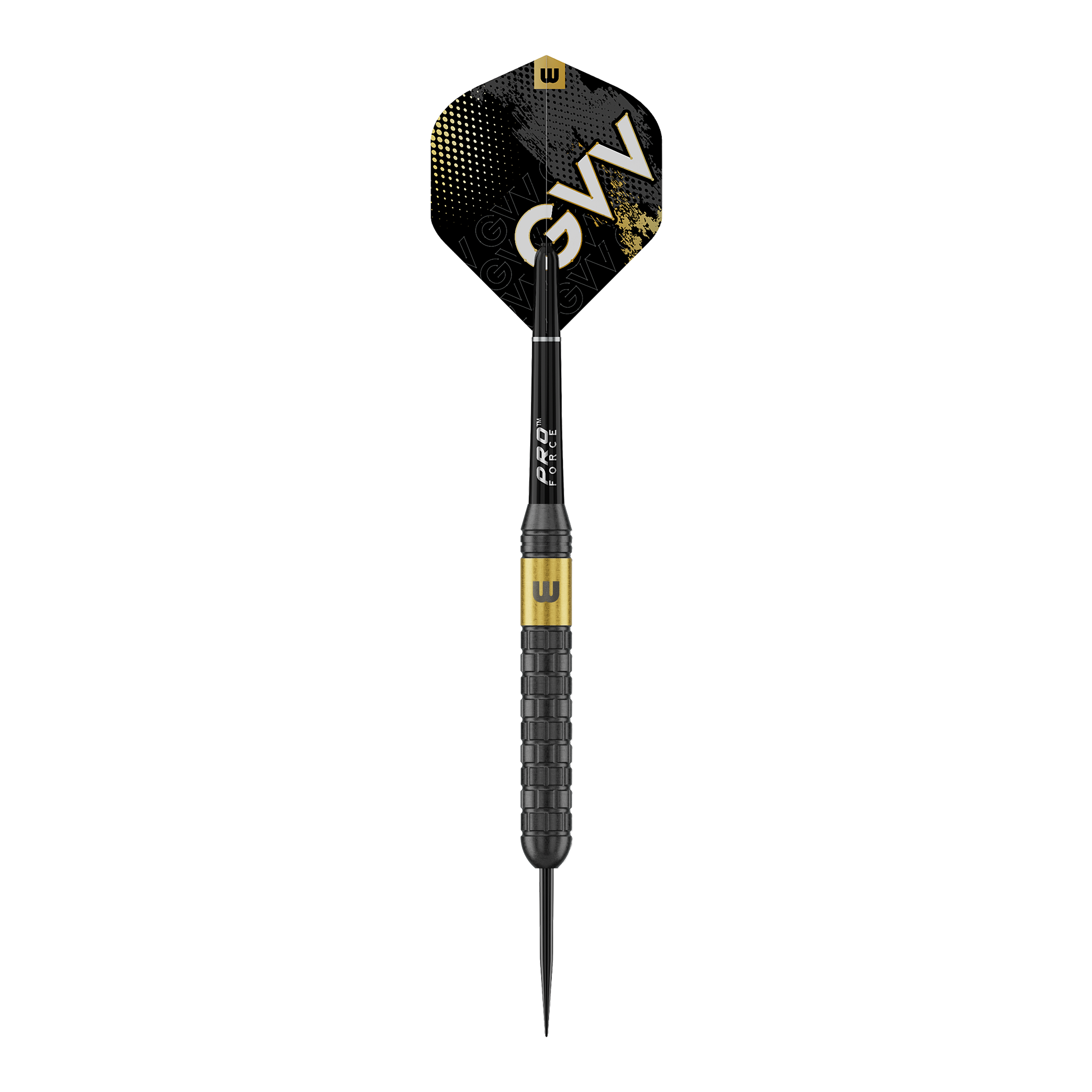 Das Bild zeigt Winmau Gian Van Veen Core Brass Steeldarts mit einem Gewicht von 21 Gramm. Die Steeldarts sind aus einer seitlichen Perspektive zu sehen.