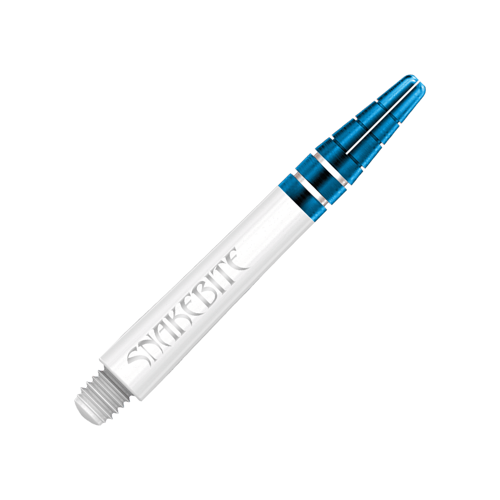 Das Bild zeigt einen Red Dragon Nitrotech Peter Wright Blue Shaft mit einer Länge von 39 mm. Der Schaft ist weiß mit blauen Metallringen und trägt die Aufschrift "SNAKEBITE".