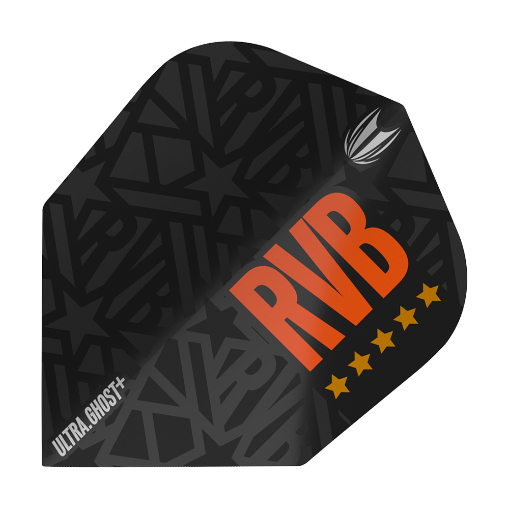 TG62_334020_Target_Ultra-Ghost_RvB_GEN2_Ten-X_Flights_1 Das Bild zeigt das Produkt "Target Ultra Ghost RvB GEN2 Ten-X Flights". Es ist ein schwarzes Dart-Flight mit dem großen orangefarbenen Schriftzug "RVB" und fünf gelben Sternen.