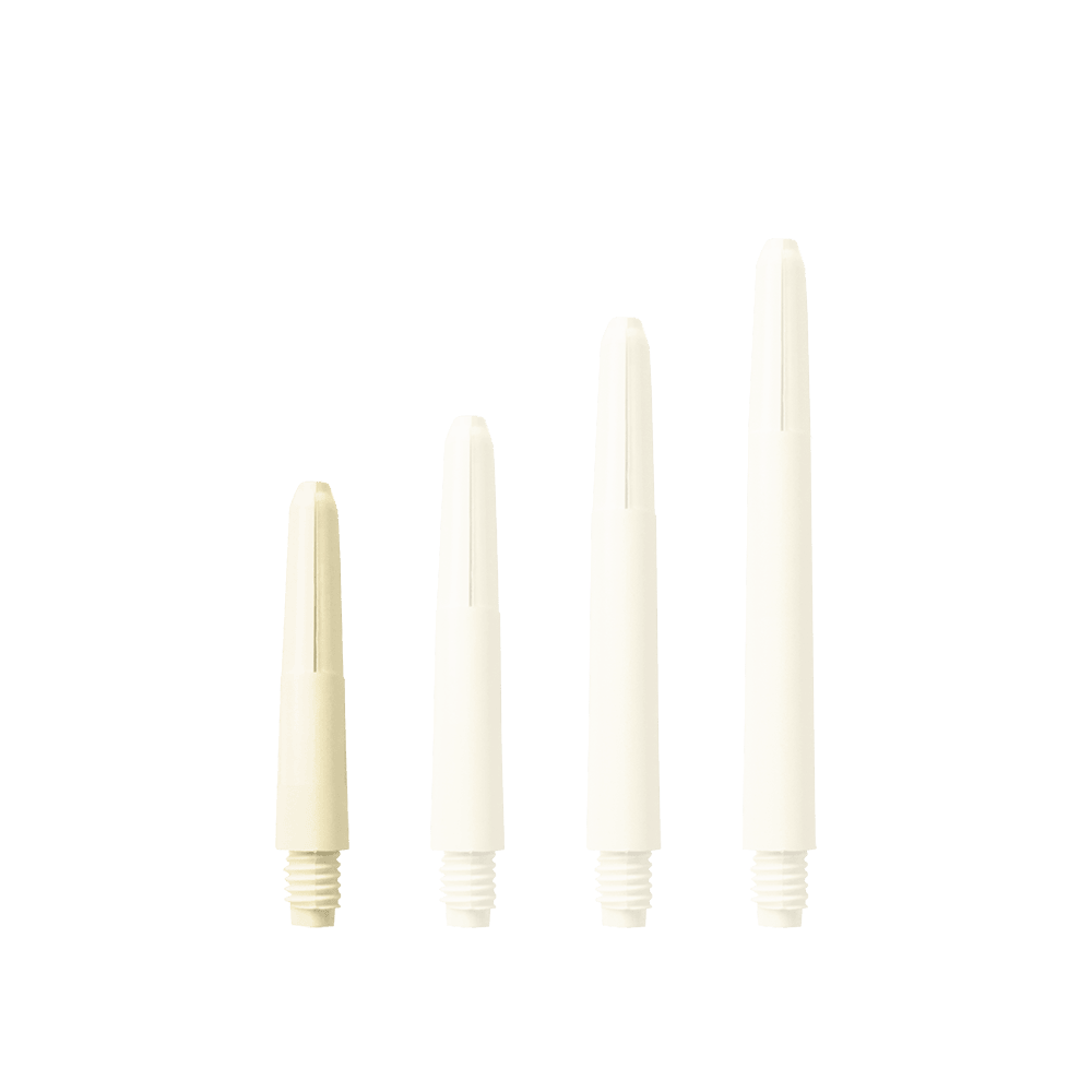 Das Bild zeigt vier Nylon Shafts in Naturweiß, die in unterschiedlichen Längen angeordnet sind. Sie haben ein Gewinde am unteren Ende.