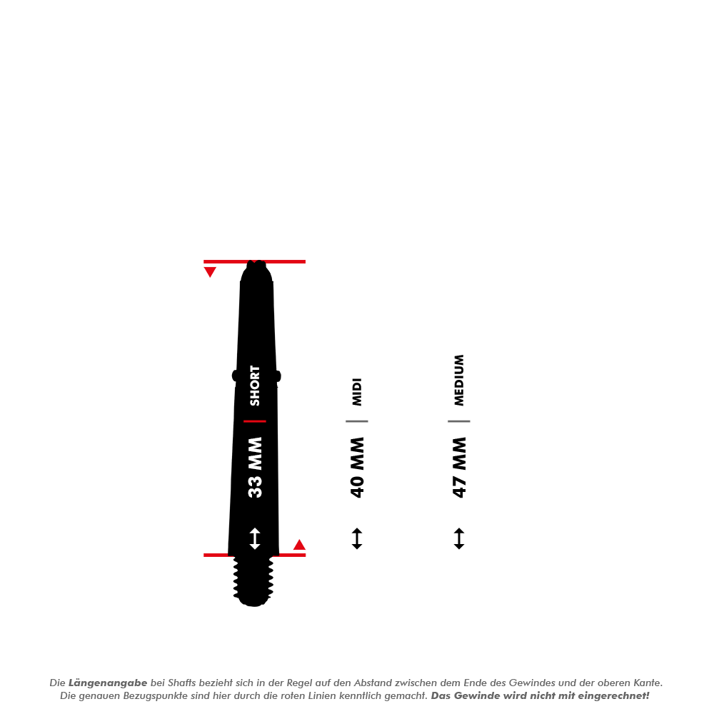 HR351_Harrows_Supergrip_Carbon_Shafts_5_33mmuZPbFkFqXKGNQ Das Bild zeigt die Harrows Supergrip Carbon Shafts in Grün in drei verschiedenen Längen. Die Größen sind Short (33 mm), Midi (40 mm) und Medium (47 mm) abgebildet.