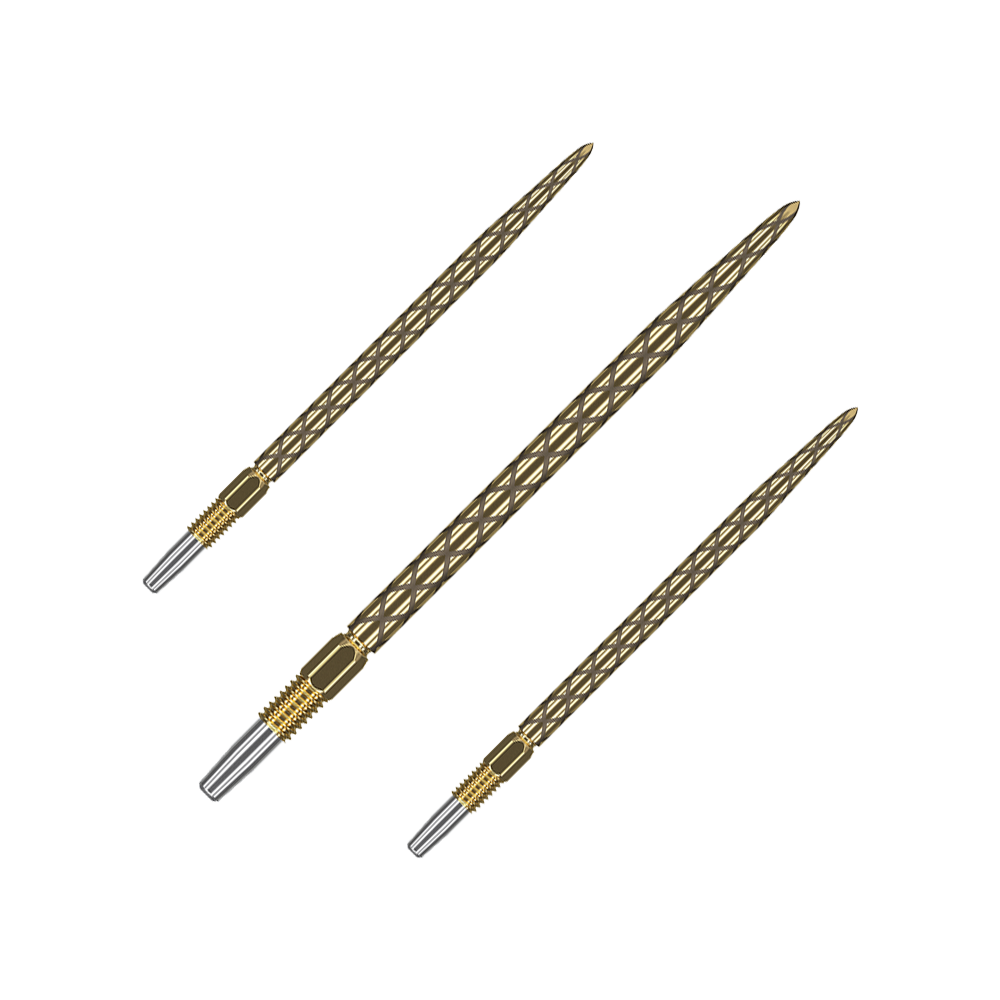 Target Swiss Diamond Pro Gold dart tips Das Bild zeigt drei goldfarbene Dartspitzen mit einem diamantähnlichen Muster. Die Spitzen sind schlank und haben eine silberne Befestigung am unteren Ende.