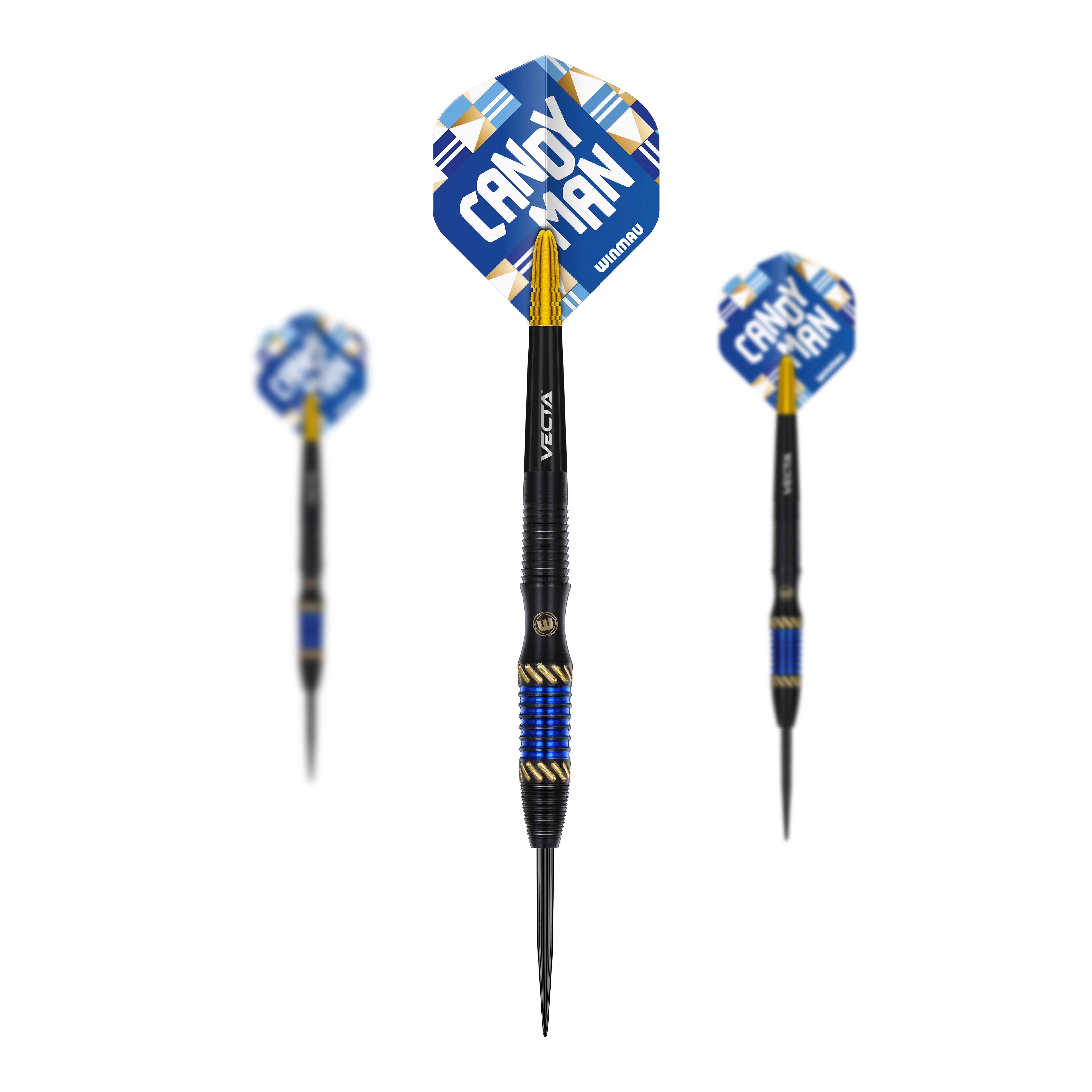 Winmau Rashad Sweeting Steeldarts - 24g Das Bild zeigt drei Steeldarts des Modells "Winmau Rashad Sweeting - 24g". Die Flights sind blau mit der Aufschrift "CANDY MAN" und die Darts haben gold-blaue Akzente.