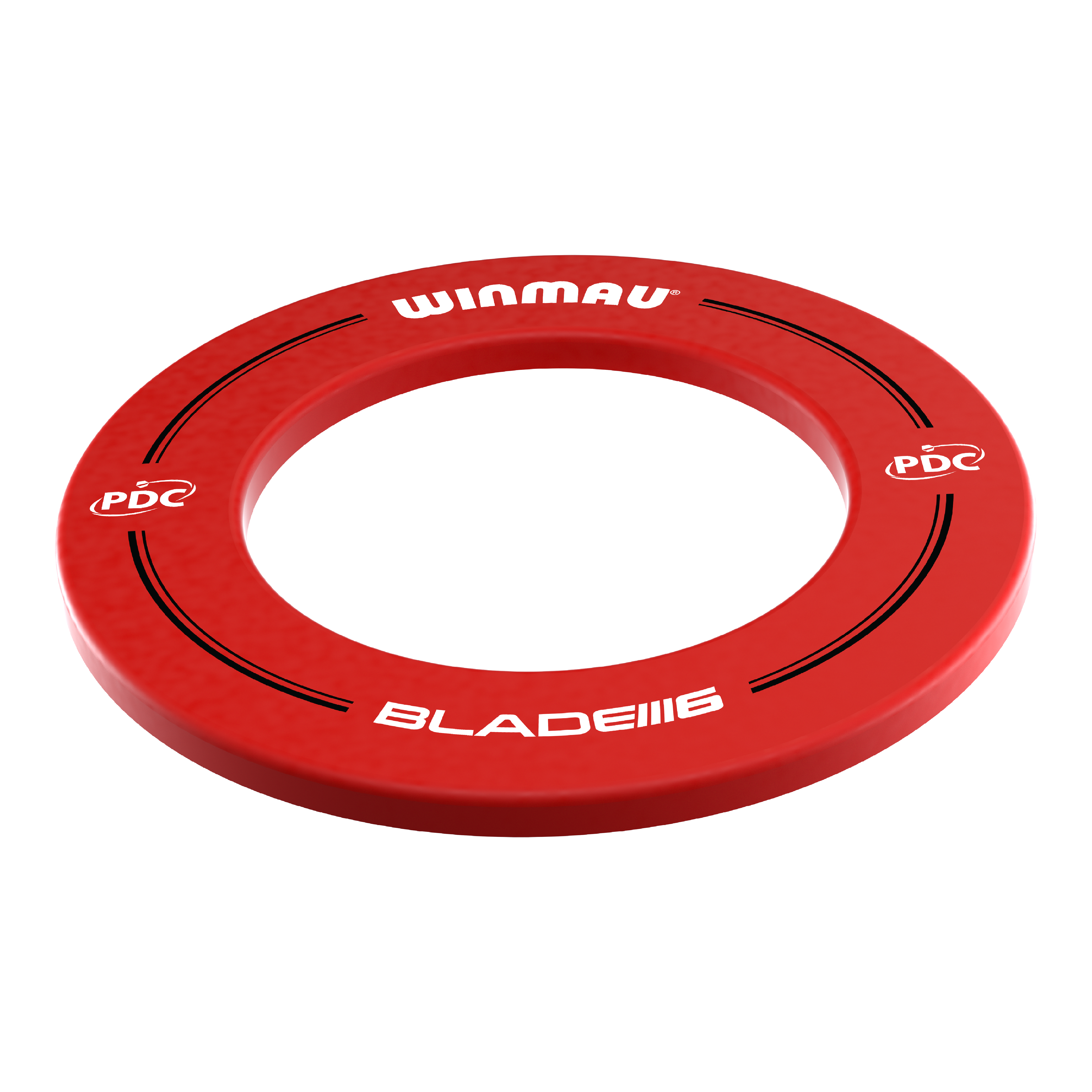 Winmau PDC Dartboard Surround - Red Das Bild zeigt einen roten Dartboard-Surround der Marke Winmau. Auf dem Surround stehen die Aufschriften „WINMAU“, „PDC“ und „BLADE 6“.