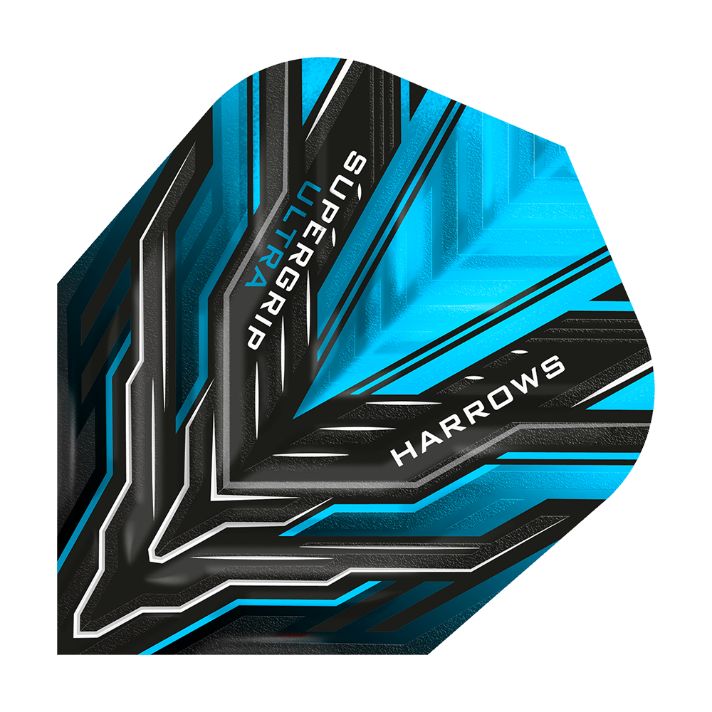 HR10_Harrows_Supergrip_Ultra_Aqua_Standard_Flights_1jeSY61nQJWwVj Das Bild zeigt ein Dart-Flight in leuchtendem Blau und Schwarz mit grafischem Muster. Auf dem Flight stehen die Wörter "SUPERGRIP ULTRA" und "HARROWS".