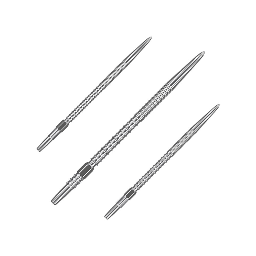 Target Swiss Firepoint Silver dart tips Auf dem Bild sind drei silberne Dartspitzen abgebildet. Sie liegen parallel zueinander auf einem transparenten Hintergrund.