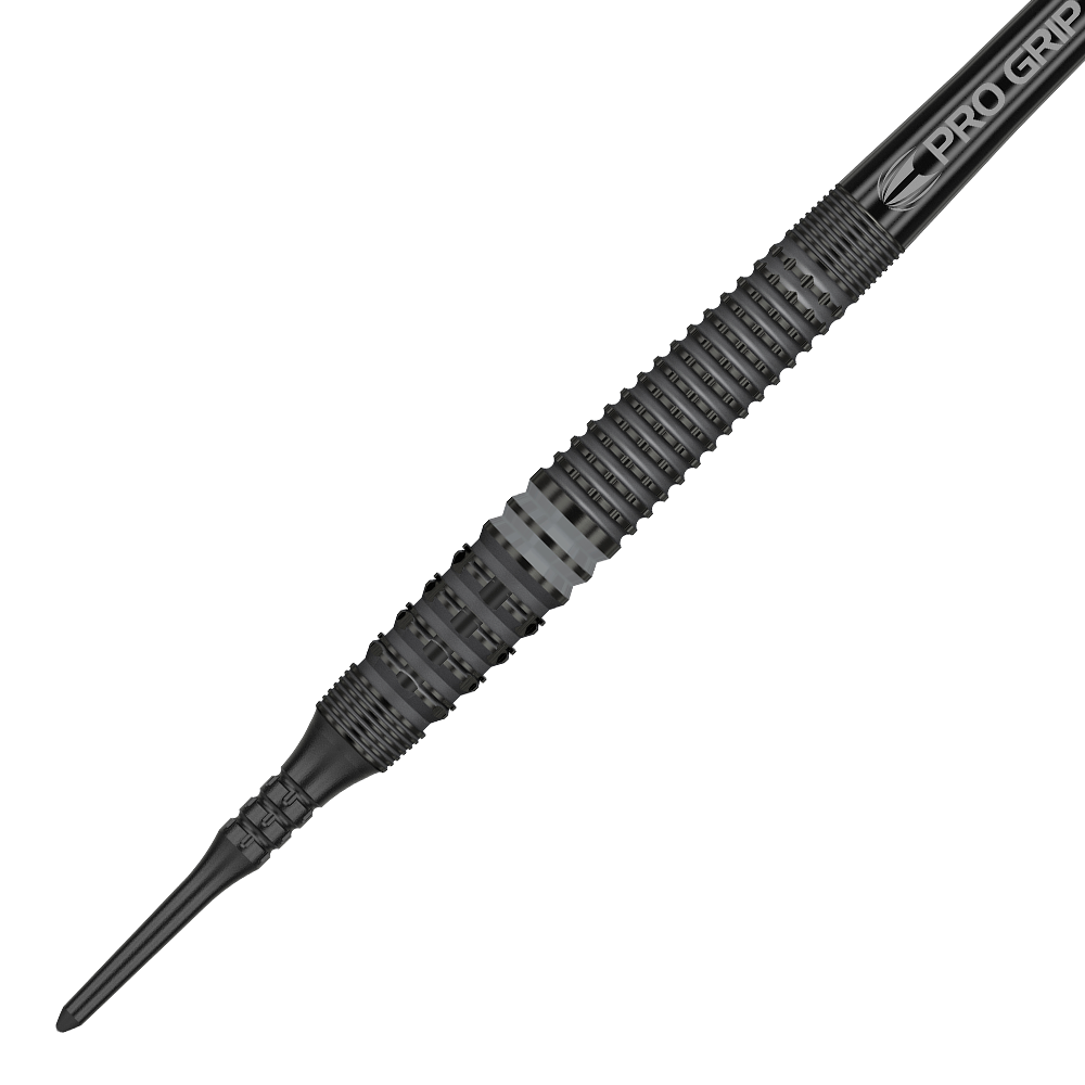 210064_Target_Echo_14_Softdarts_2 Das Bild zeigt einen Target Echo 14 Softdart. Der Dartpfeil ist überwiegend schwarz und hat eine strukturierte Griffzone für besseren Halt.