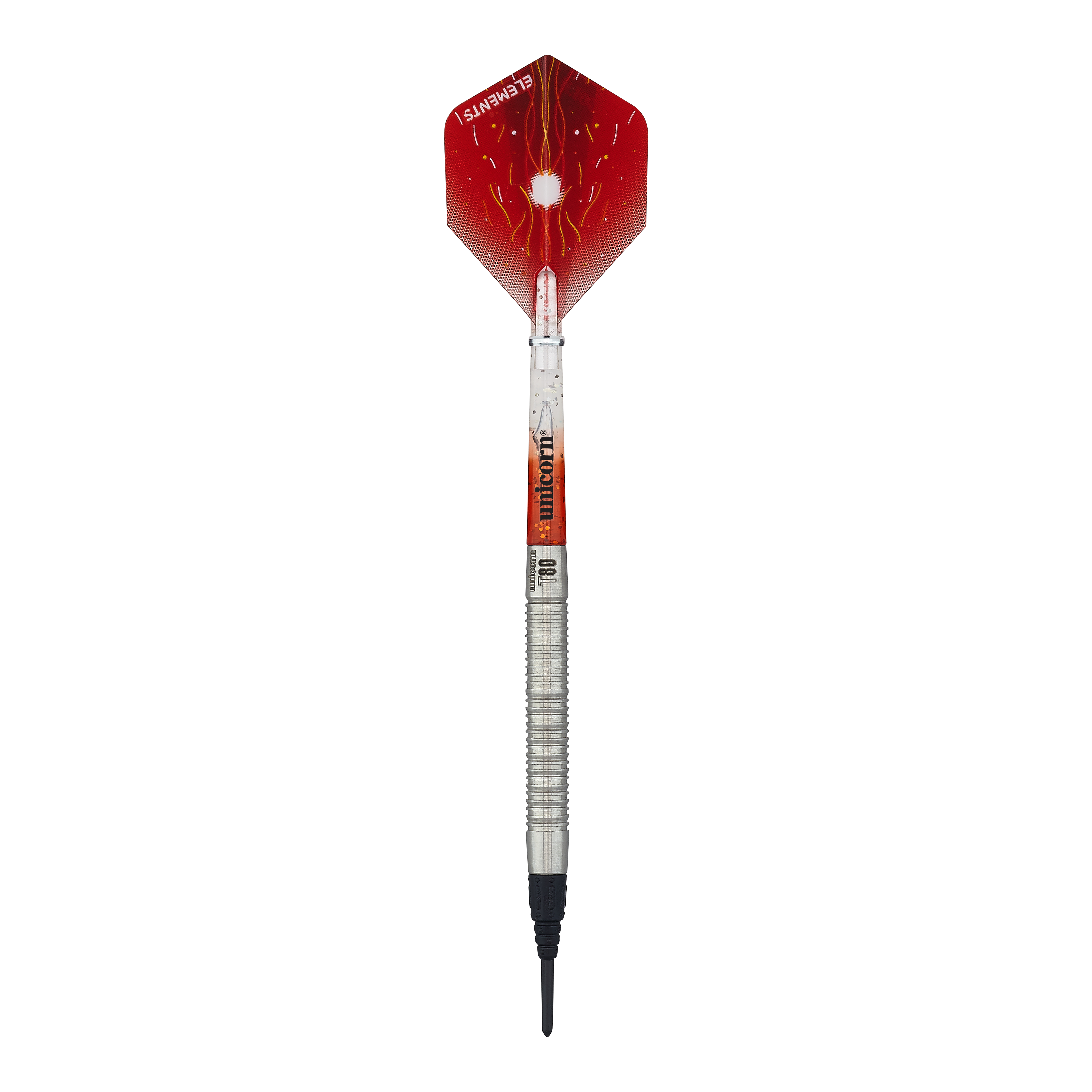 Auf dem Bild ist ein Softdart der Marke Unicorn Core XL Striker Style 1 mit einem Gewicht von 19g zu sehen. Die Flights sind rot mit einem weißen Muster, und der Schaft ist silbern.