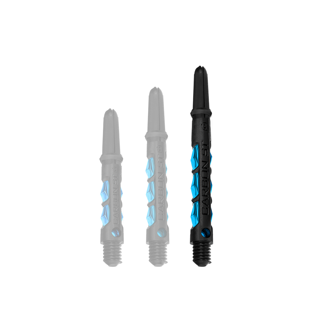 HR412_Harrows_Carbon_ST_Shafts_Aqua_47mm_1 Das Bild zeigt drei Harrows Carbon ST Shafts in der Farbe Aqua. Die Dartschäfte sind schwarz mit blauen Akzenten und in drei verschiedenen Längen dargestellt.
