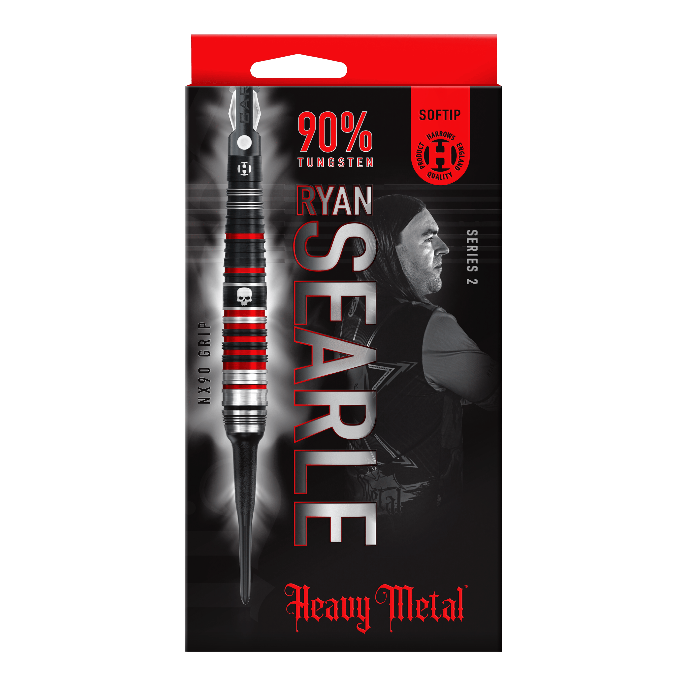 Harrow's Ryan Searle Heavy Metal Series 2 soft darts Auf dem Bild ist die Verpackung der "Harrows Ryan Searle Heavy Metal Series 2 Softdarts" zu sehen. Die Packung ist überwiegend schwarz mit roten Akzenten und zeigt einen Dartpfeil sowie das Bild eines Spielers.