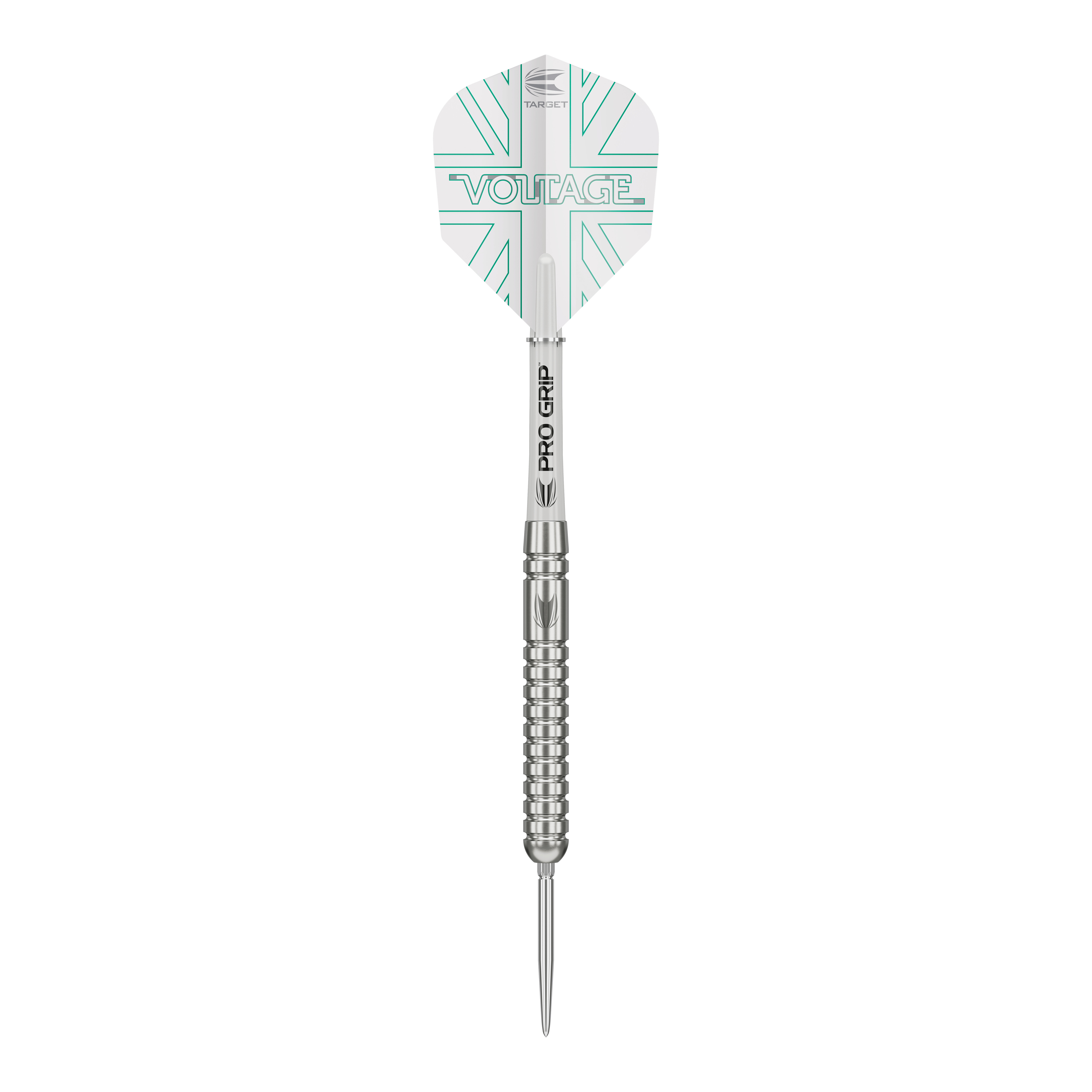 Target Rob Cross Voltage Swiss Point Steel Darts Das Bild zeigt einen Target Rob Cross Voltage Swiss Point Steeldart. Der Dart hat ein silbernes Design mit dem Schriftzug „VOLTAGE“ auf den Flights.