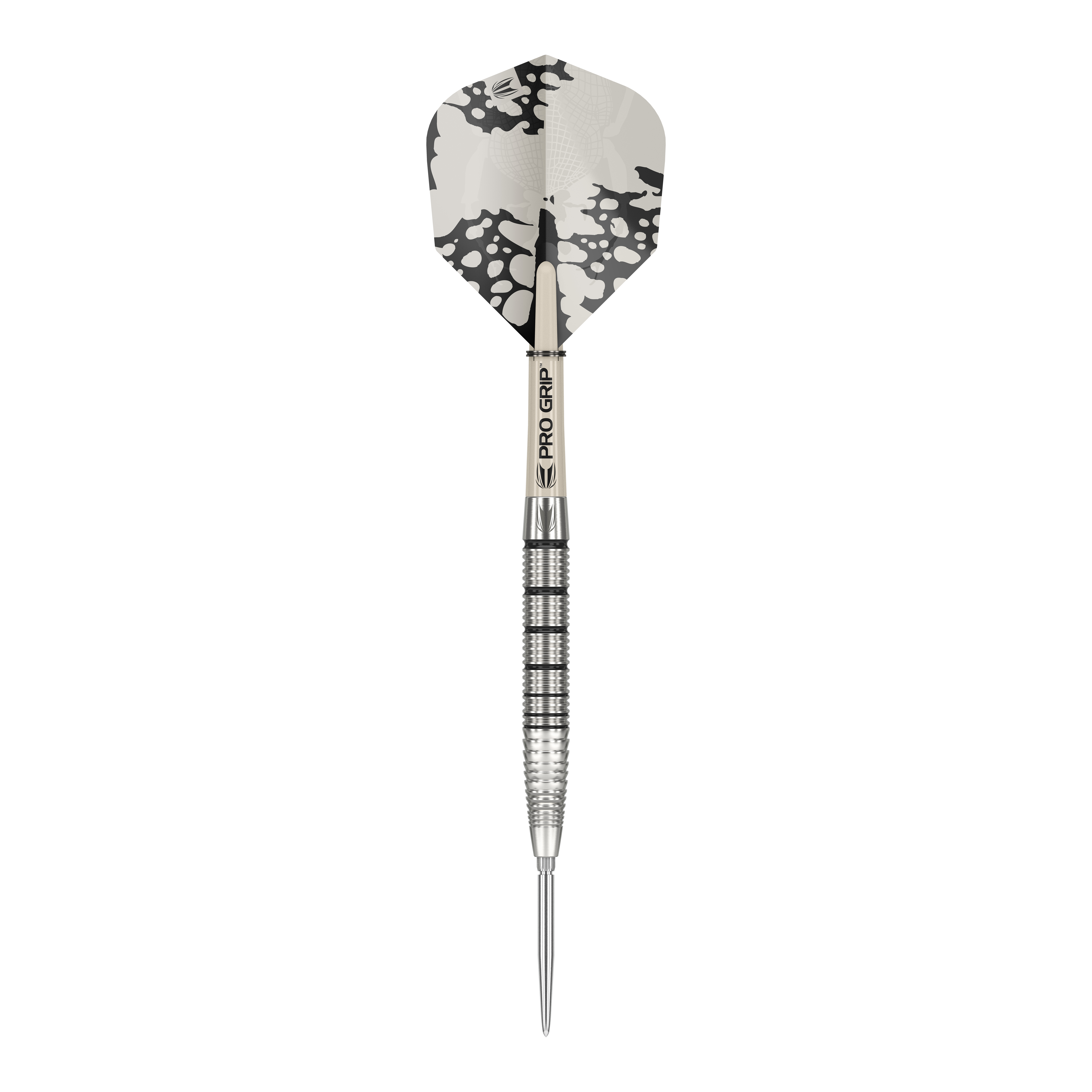 Target EXO SP02 Swiss Point steel darts Das Bild zeigt einen Target EXO SP02 Swiss Point Steeldart. Der Dartpfeil hat ein silbernes Griffstück mit schwarzen Rillen und eine schwarz-weiße Flight.