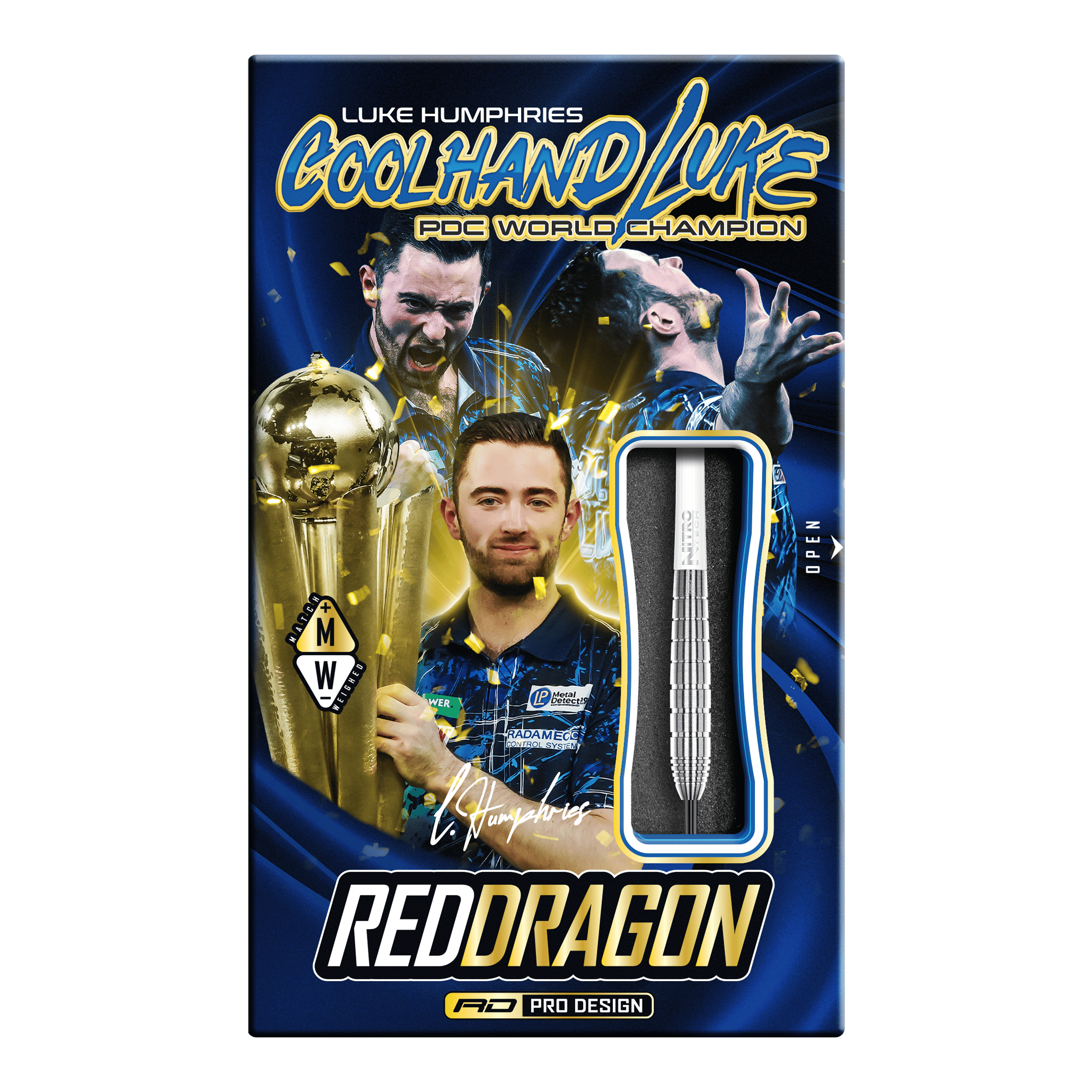 Die Abbildung zeigt die Red Dragon Luke Humphries TX1 Pioneer Steeldarts. Es handelt sich um hochwertige Steeldarts für professionelle Dartspieler.