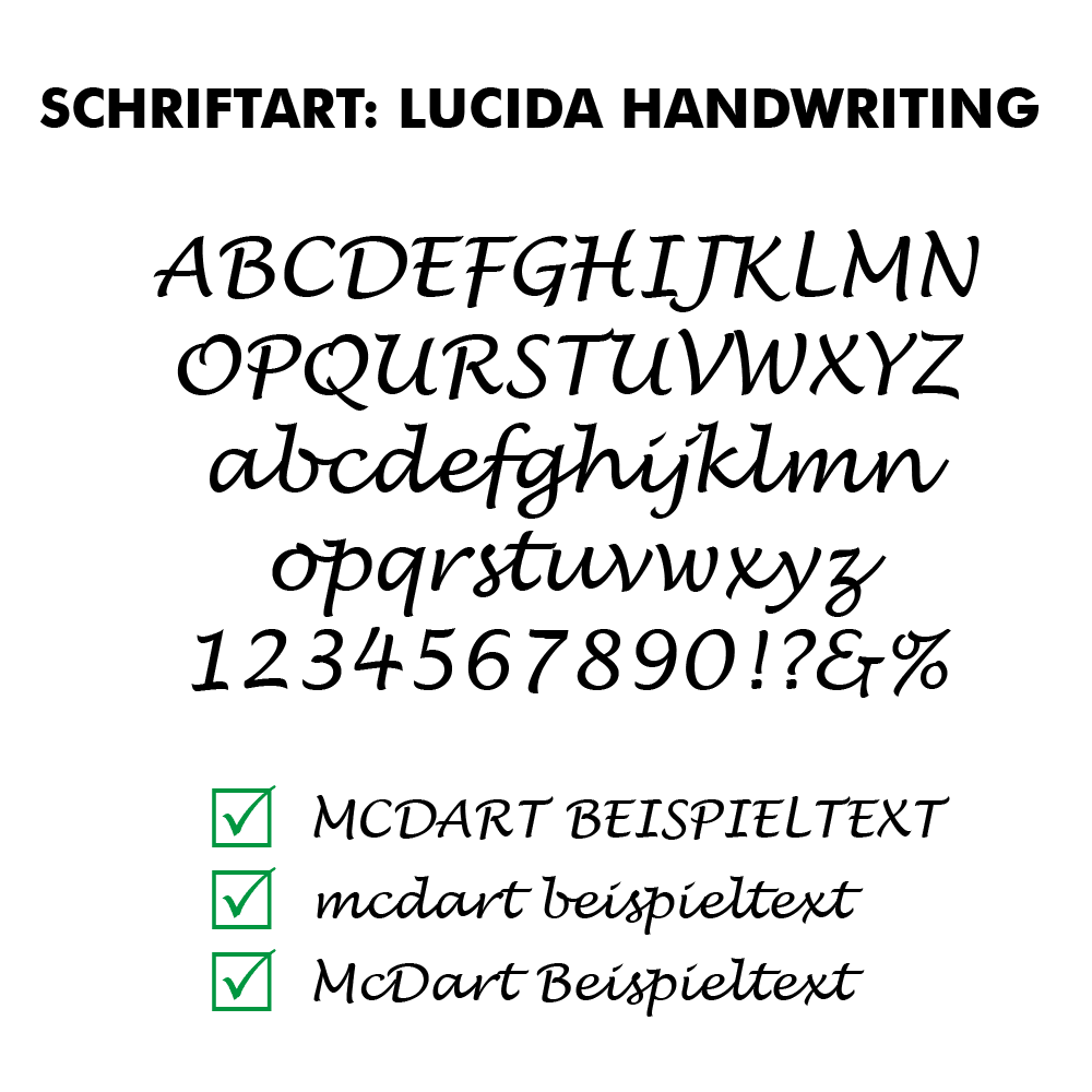 Flightdruck_Schriftart_LucidaHandwritingThHT3MMXEEFib Das Bild zeigt verschiedene Buchstaben, Zahlen und Satzzeichen in der Schriftart "Lucida Handwriting". Unten sind Beispielsätze in dieser Schriftart mit grünen Häkchen dargestellt.