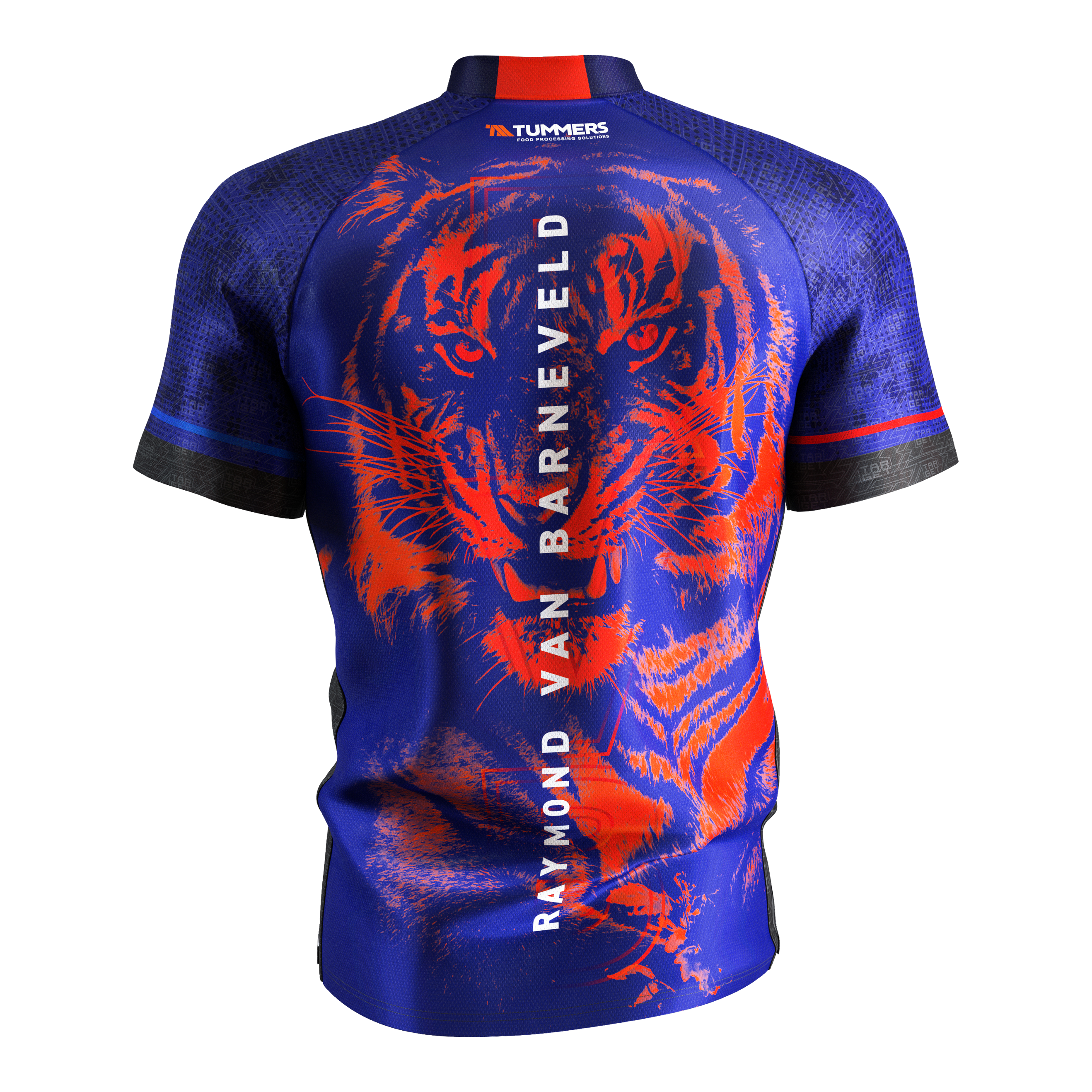 Target Coolplay Raymond Van Barneveld 2025 dart shirt Das Bild zeigt das Target Coolplay Raymond Van Barneveld 2025 Dartshirt von hinten. Auf dem blauen Shirt ist ein auffälliger roter Tiger sowie der Name "Raymond Van Barneveld" vertikal zu sehen.