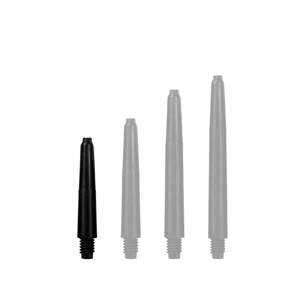 565_Nylon_Shafts_mit_Wunschdruck_Schwarz_28mm_1KsgK9sFJEVpDj Das Bild zeigt vier schwarze Nylon-Schäfte in unterschiedlichen Längen. Sie sind nebeneinander aufgereiht und haben ein Gewinde am unteren Ende.