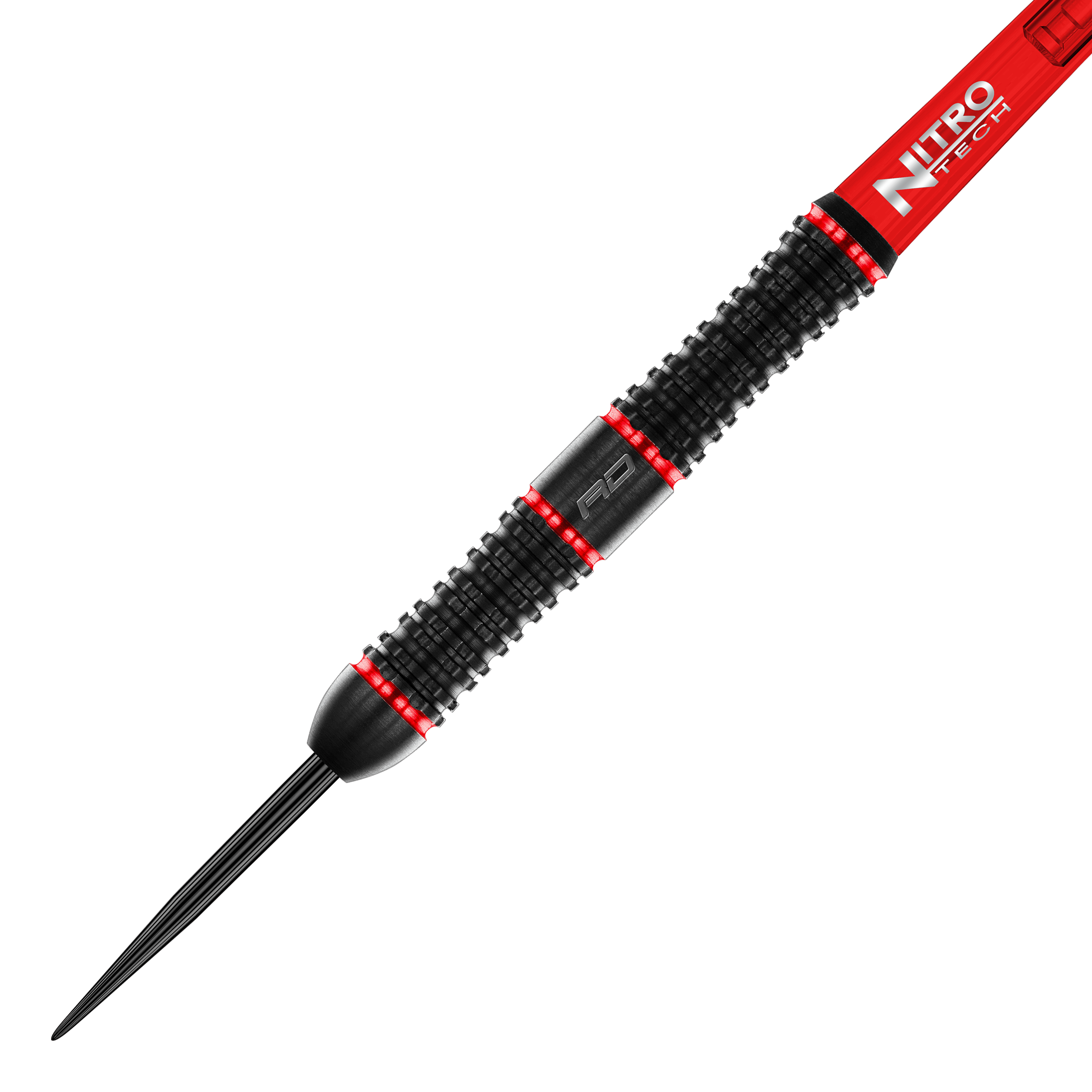 Red Dragon Jason Watt Steel Darts - 22g Das Bild zeigt den "Red Dragon Jason Watt Steeldart" mit einem Gewicht von 22 Gramm. Der Dart ist überwiegend schwarz mit roten Akzenten und hat eine geriffelte Griffoberfläche.