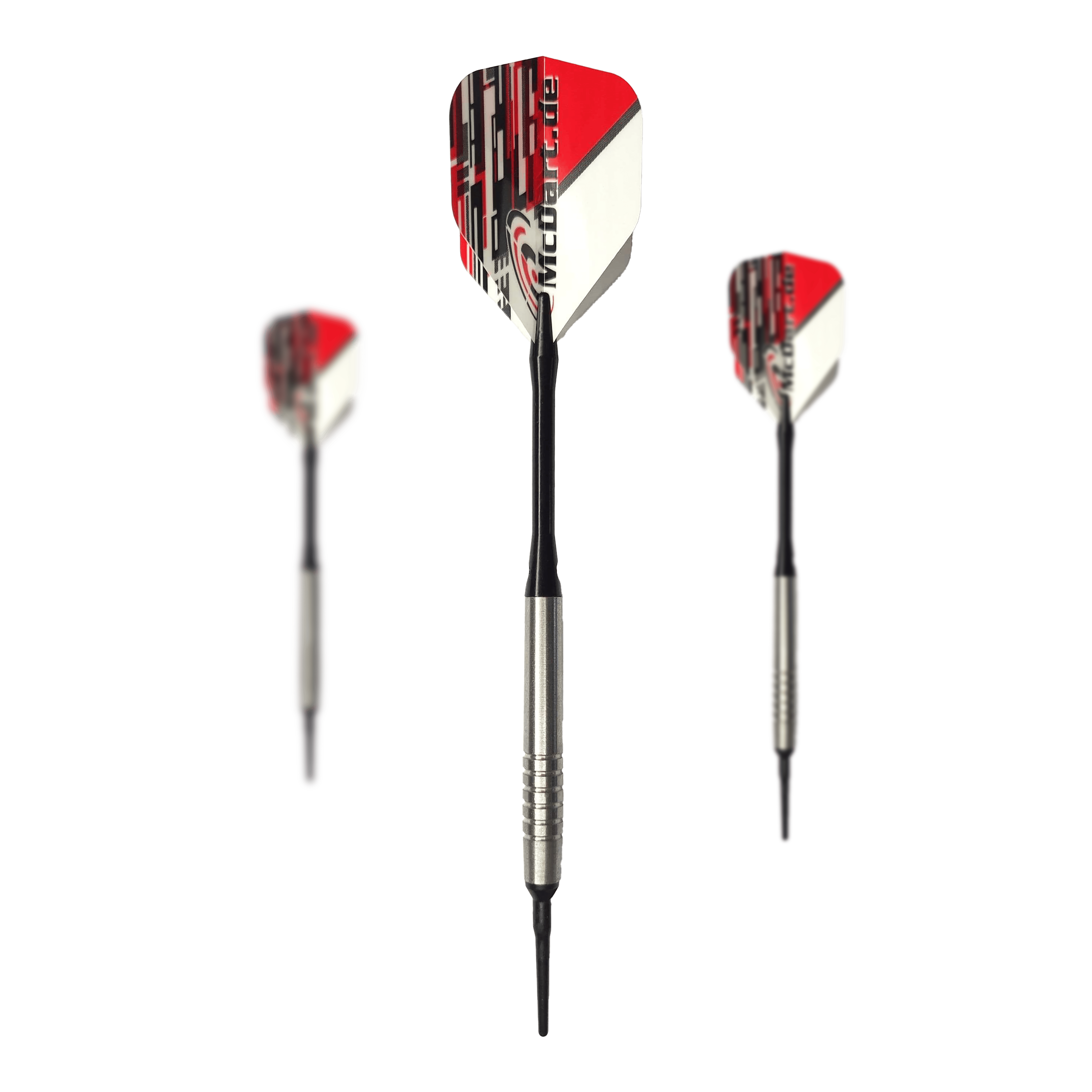 McDart 85 Tungsten V14 Soft Darts - 17g Das Bild zeigt drei Softdarts des Modells "McDart 85er Tungsten V14" mit einem Gewicht von 17g. Die Darts haben silberne Barrels und Flights in Rot, Weiß und Schwarz.