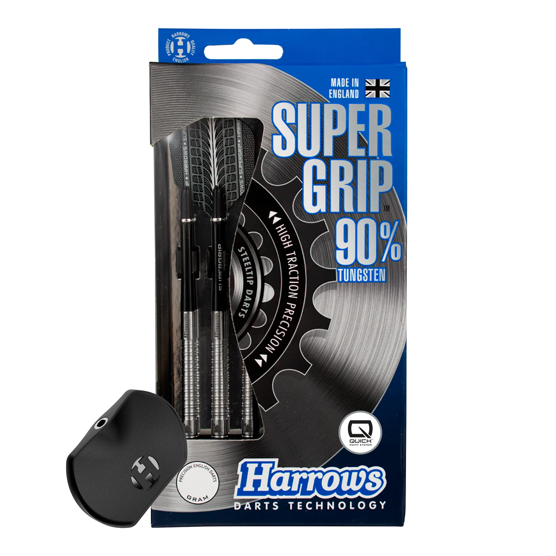 Harrows Supergrip 90 Quick Point Steel Darts Abgebildet ist der Harrows Supergrip 90 Quick Point Steeldarts. Die Dartpfeile sind detailliert dargestellt.
