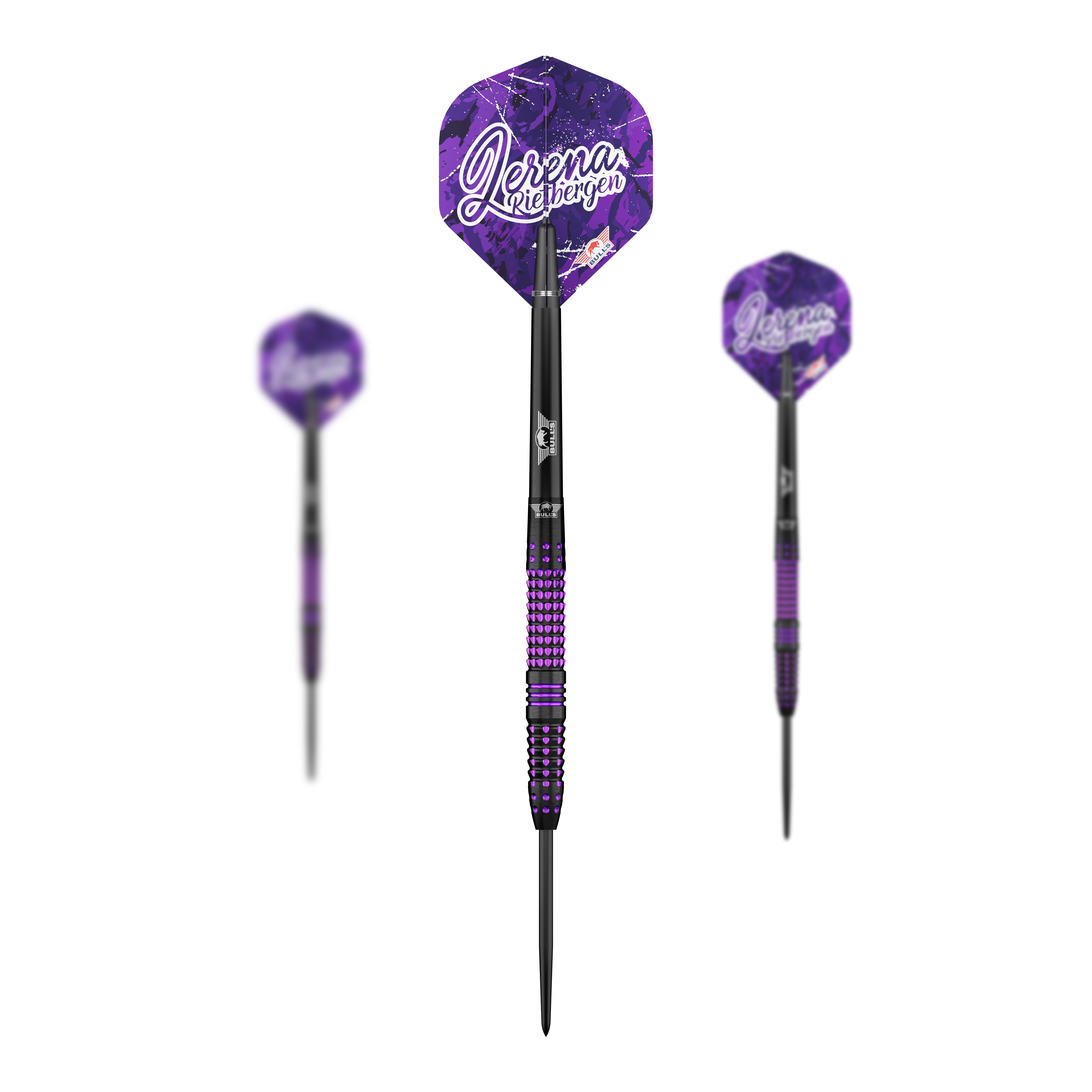 Auf dem Bild sieht man das Set der Bulls NL Lerena Rietbergen Steeldarts - 24g. Die Steeldarts werden vollständig präsentiert.